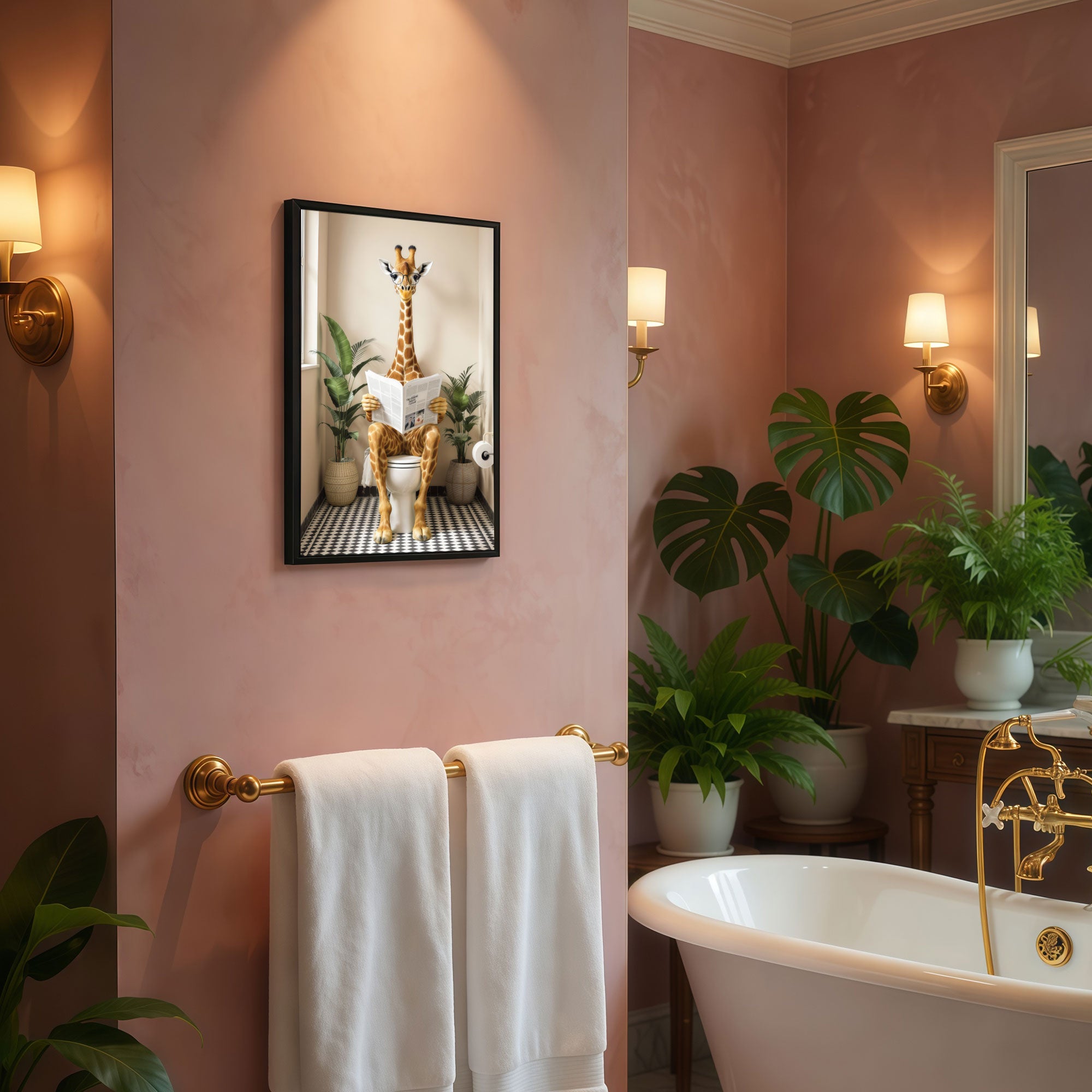 The Castle Decor Funny Giraffe Reading Newspaper on Toilet Framed Wall Art – Whimsical Animal sitting on Commode Framed Poster, Cute Restroom & Powder Room Wall Decor