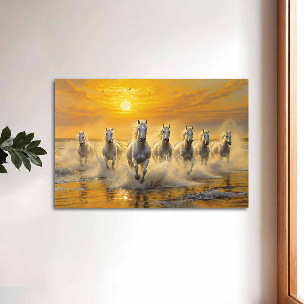 The Castle Decor 7 Running White Horses Wall Painting, Sunrise Sunset Theme, Vastu Wall Art for Living Room, Office, Bedroom Decor 16x24 1002