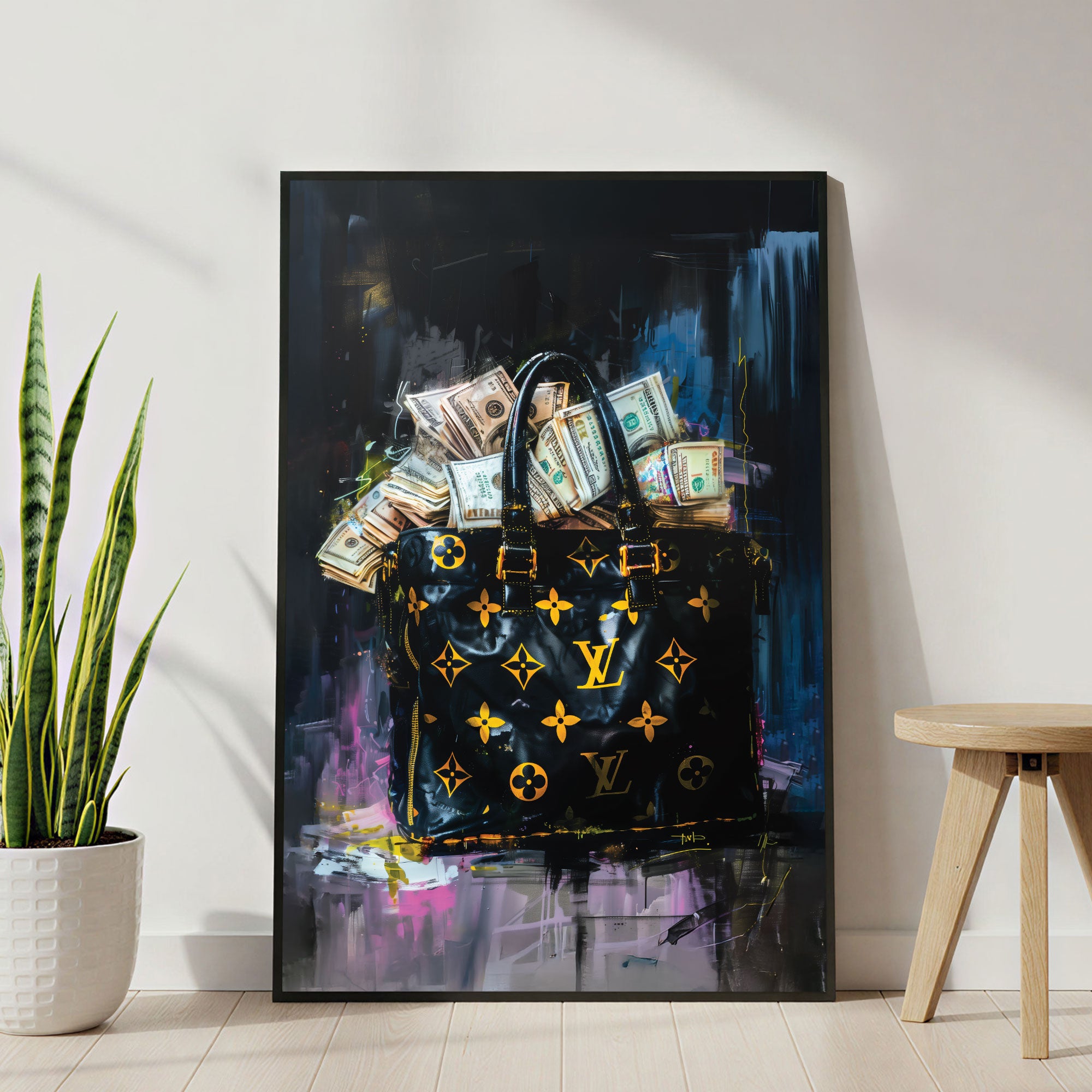 The Castle Decor Luxury Money Bag Wall Art Poster, Designer Fashion Inspired Wealth Abstract Artwork with Premium Sparkle Finish, 20×30 Inch Wall Décor for Office & Man Cave