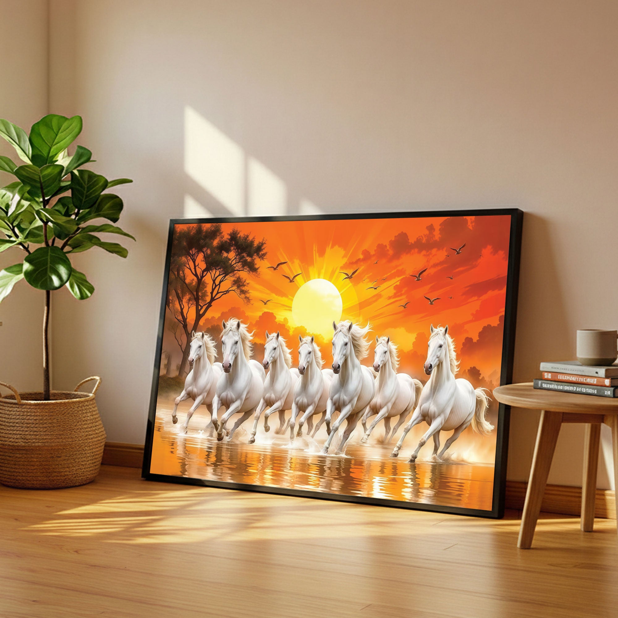 The Castle Decor 7 Running White Horses Wall Painting, Sunrise Sunset Theme, Vastu Wall Art for Living Room, Office, Bedroom Decor 20X30 inch -1001