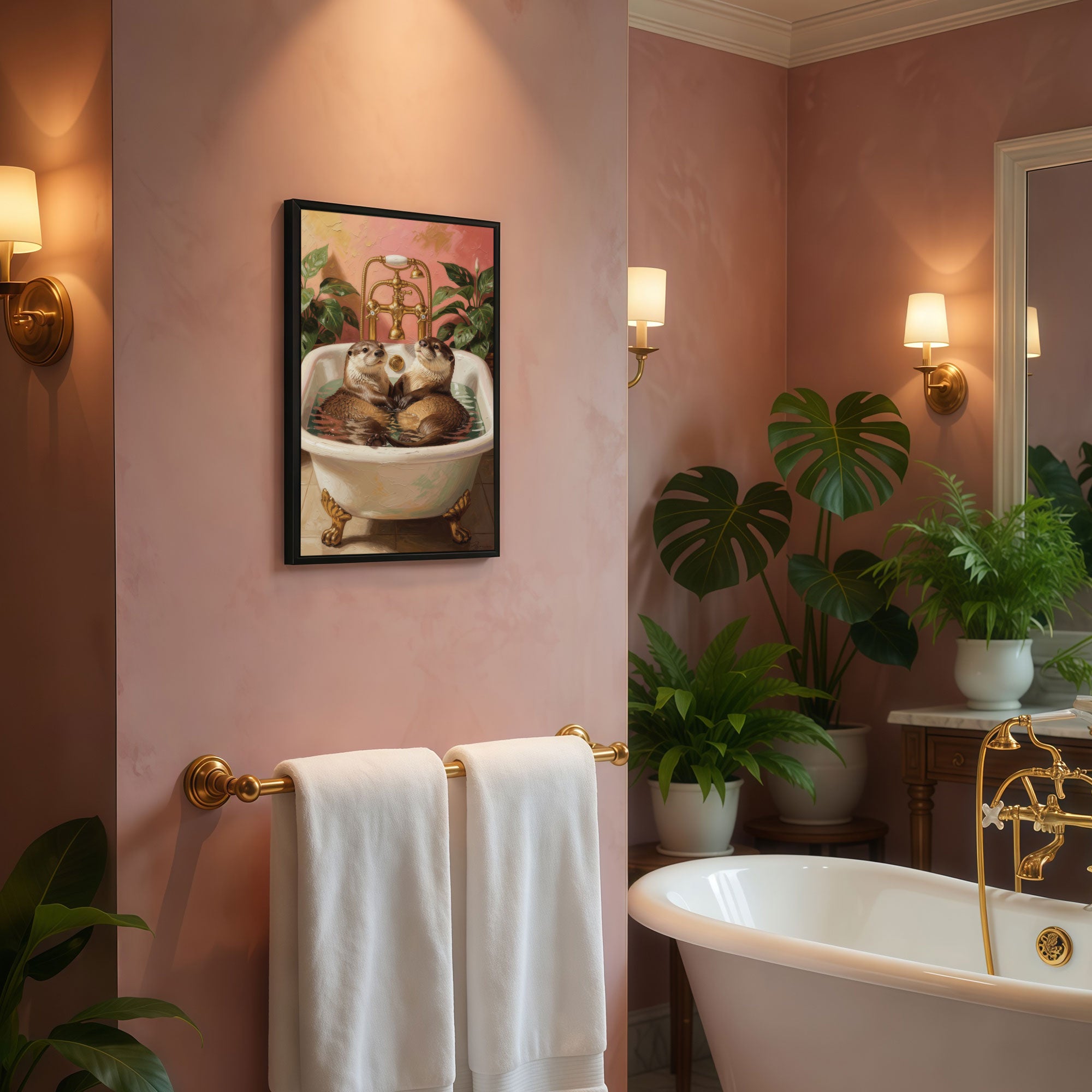 The Castle Decor Cute Otters Bathtub Wall Art | Funny Animal Bathroom Decor | Framed Bathroom Painting | Whimsical Bathroom Artwork for Home