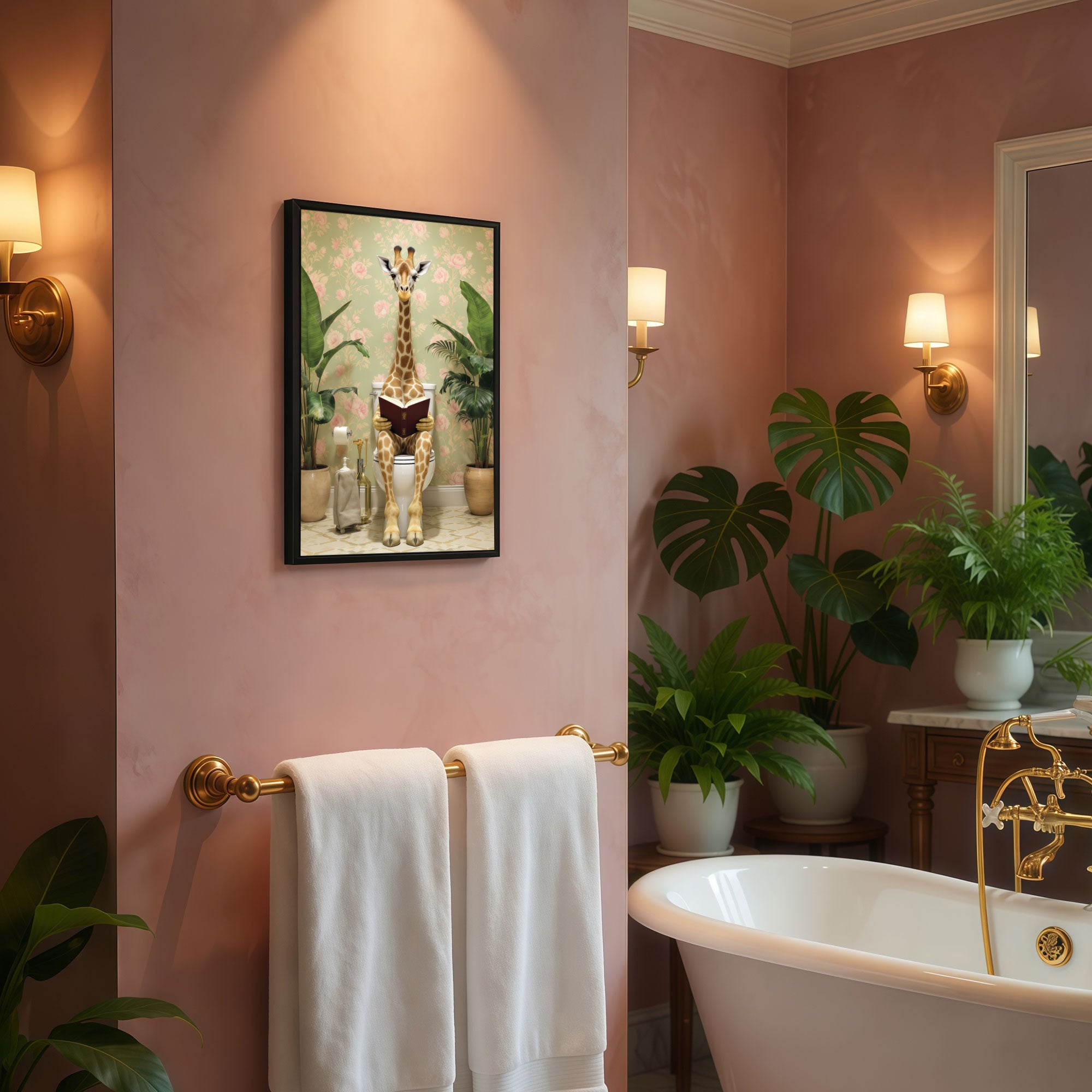 The Castle Decor Funny Giraffe Bathroom Wall Art | Animal Reading on Toilet Framed Poster | Quirky Washroom Decor | Modern Funny Bathroom Painting