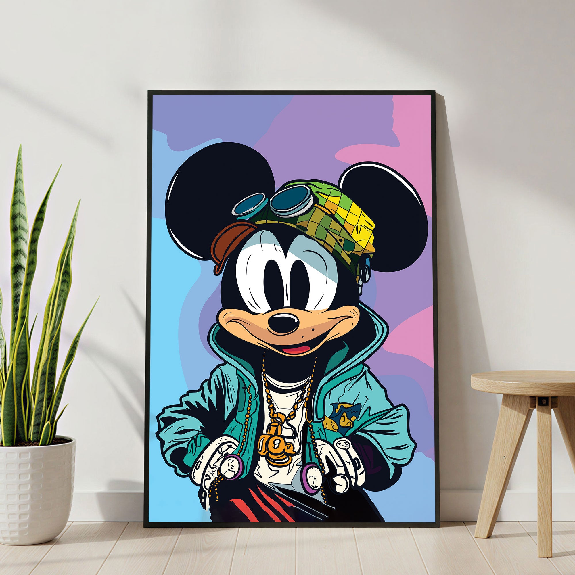 The Castle Decor Luxury Cartoon Street Style Wall Art – Urban Pop Art Character with Gold Chain & Hip Hop Vibe, Premium Sparkle Finish, 20×30 Inch Man Cave Décor