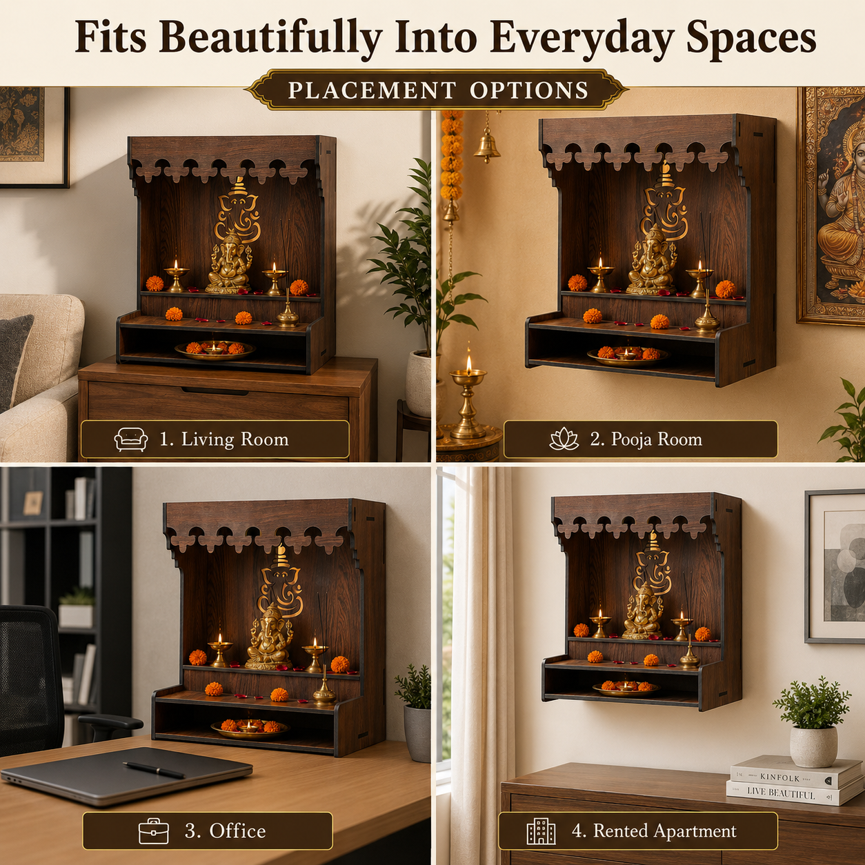 The Castle Decor Wooden Mandir for Home, Wall Hanging & Tabletop Pooja Temple with Ganesha Cutwork, 2-Tier Storage Shelf, Mandir for Pooja Room, Office, Hostel & Apartment, 13 x 15 x 8 Inch
