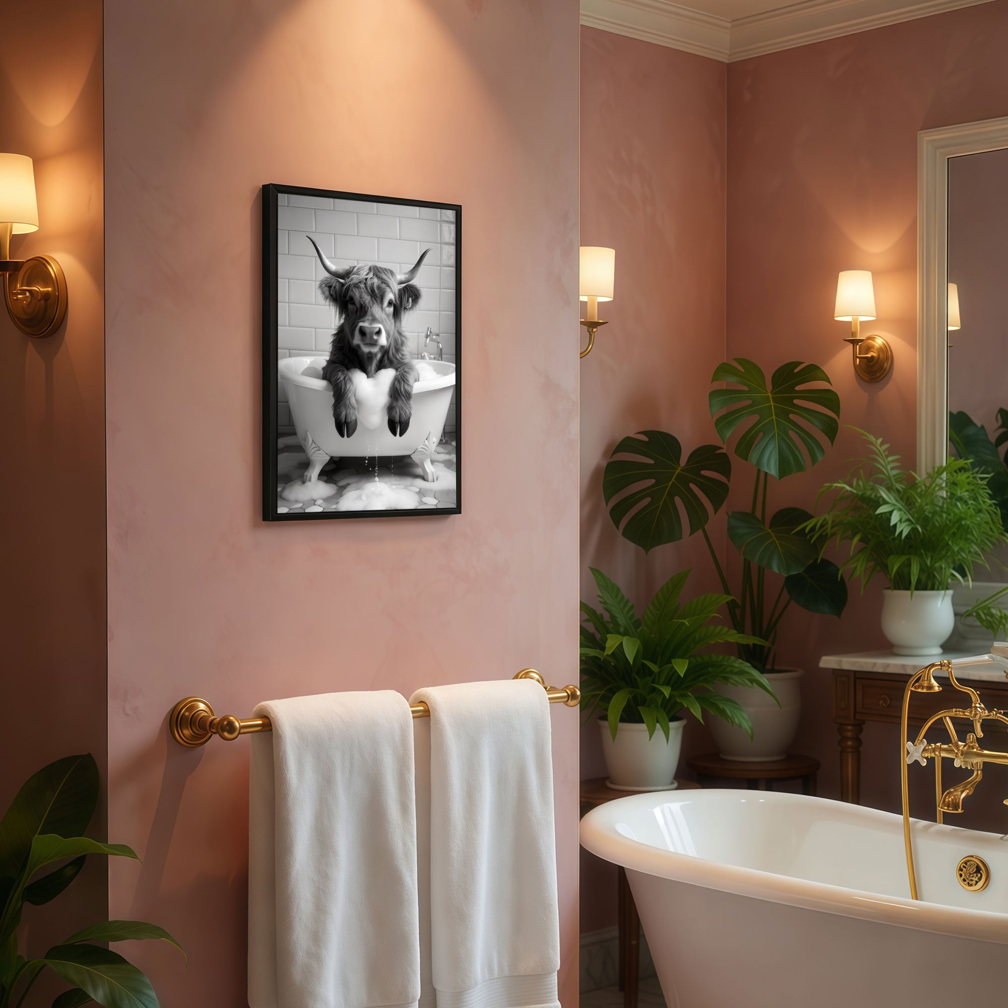 The Castle Decor Funny Elephant Reading Newspaper on Toilet Framed Wall Art – Cute Safari Animal Sitting on Commode Framed Poster, Humorous Bathroom Restroom Wall Decor