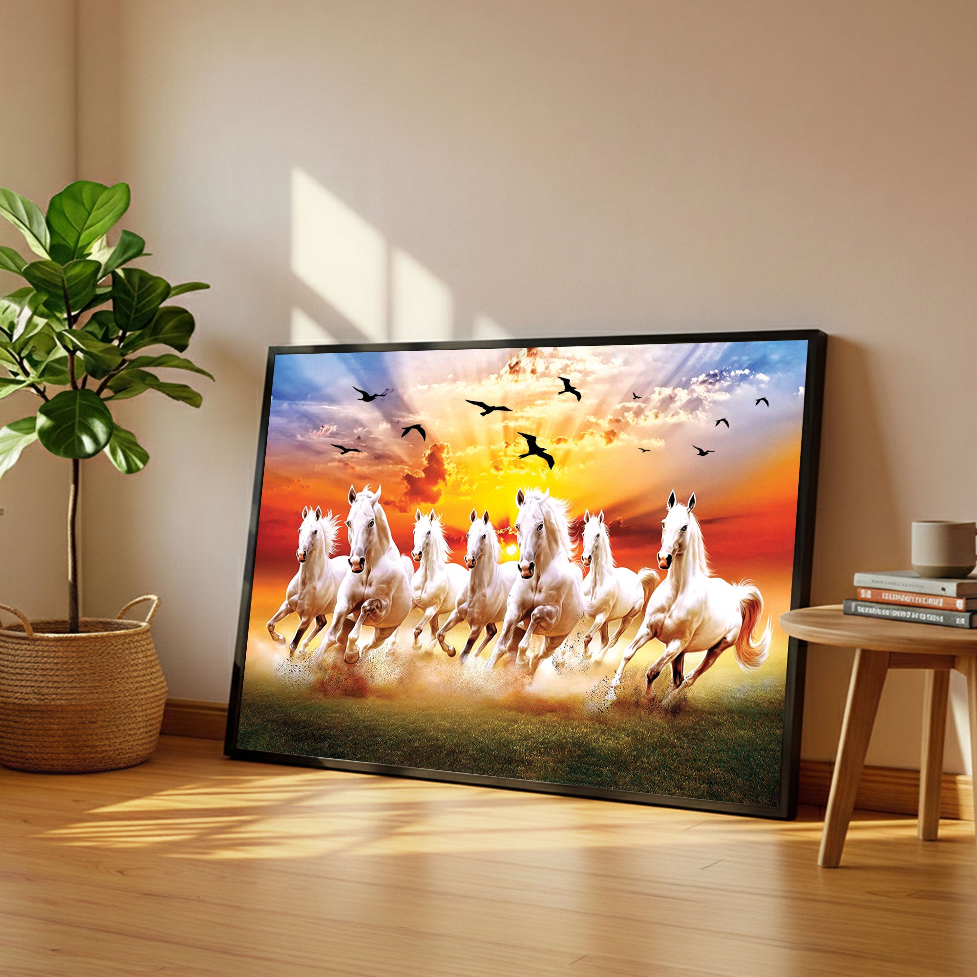 The Castle Decor 7 Running White Horses Wall Painting, Sunrise Sunset Theme, Vastu Wall Art for Living Room, Office, Bedroom Decor 20X30 inch -1003