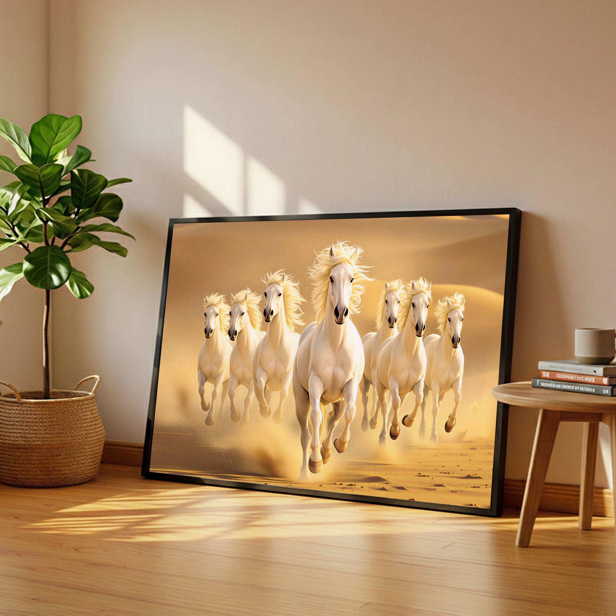 The Castle Decor 7 Running White Horses Wall Painting, Sunrise Sunset Theme, Vastu Wall Art for Living Room, Office, Bedroom Decor 20X30 inch -1004