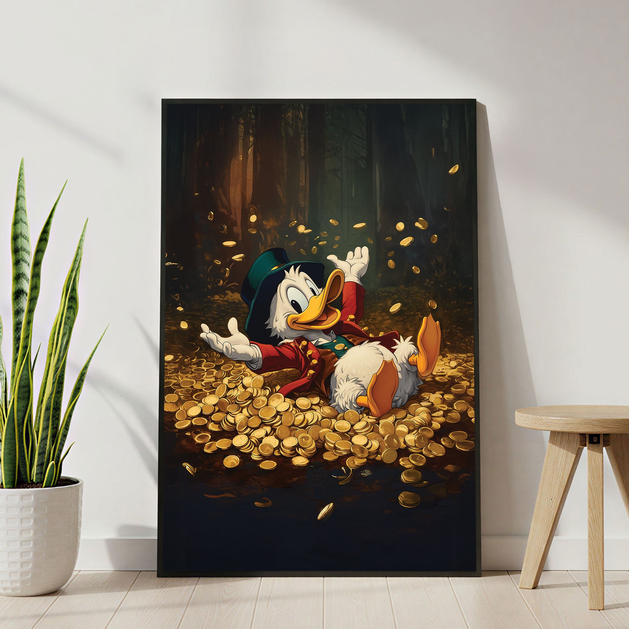 The Castle Decor Cartoon Millionaire Duck Wall Art, Gold Coin Celebration Fantasy Artwork with Premium Sparkle Finish, 20×30 Inch Wall Décor for Kids Room