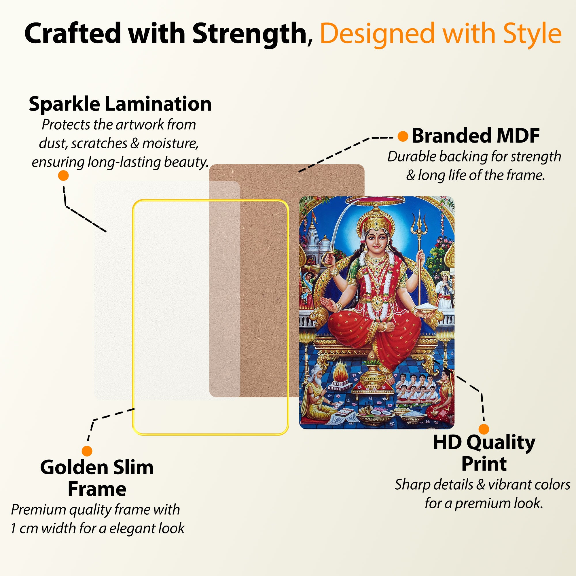 The Castle Decor Maa Santoshi Wall Frame | Sparkle Laminated on Digital Print with Golden Slim Frame | Sacred Wall Art for Pooja Room, Temple & Home Décor 20X30