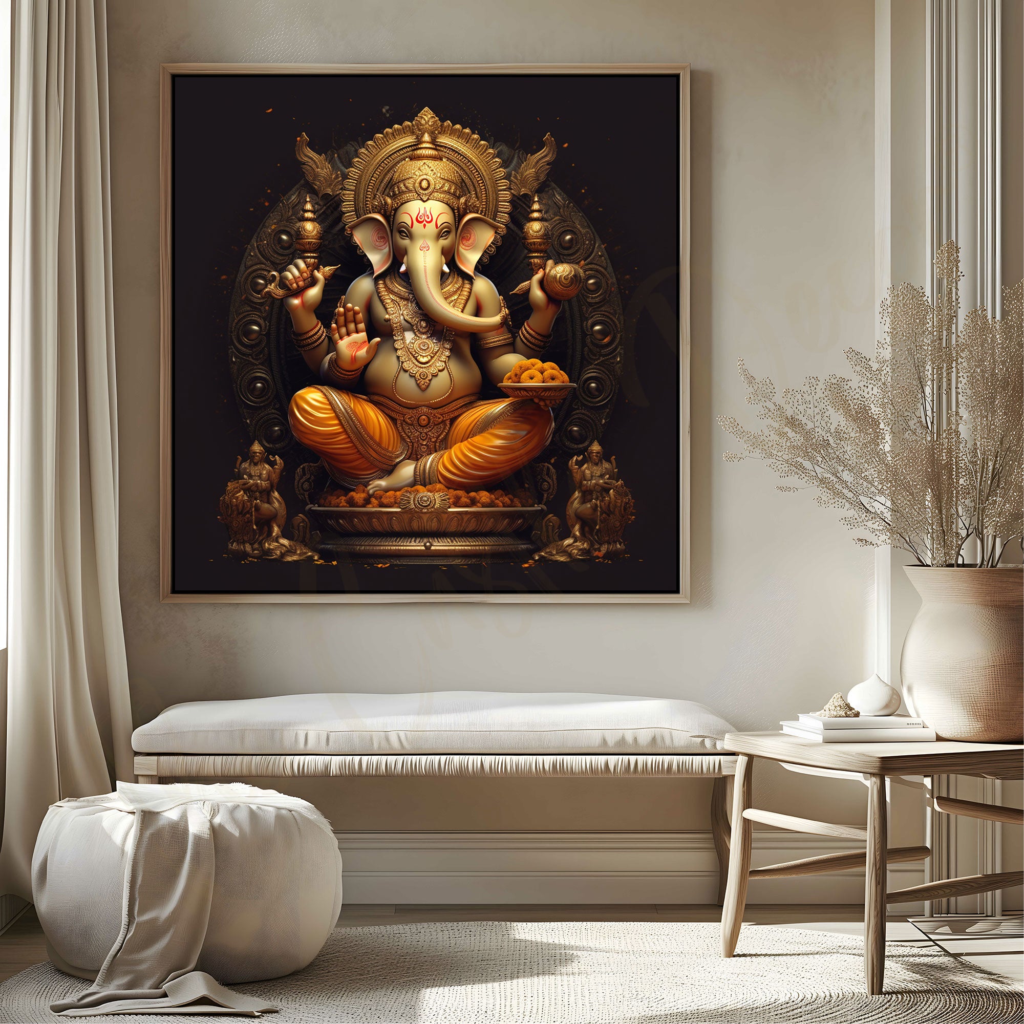 The Castle Decor Ganesh idol painting with frame Big Size Wall Art for living room,Bedroom,Drawing room,Hotels-Wooden Framed-Digital Painting