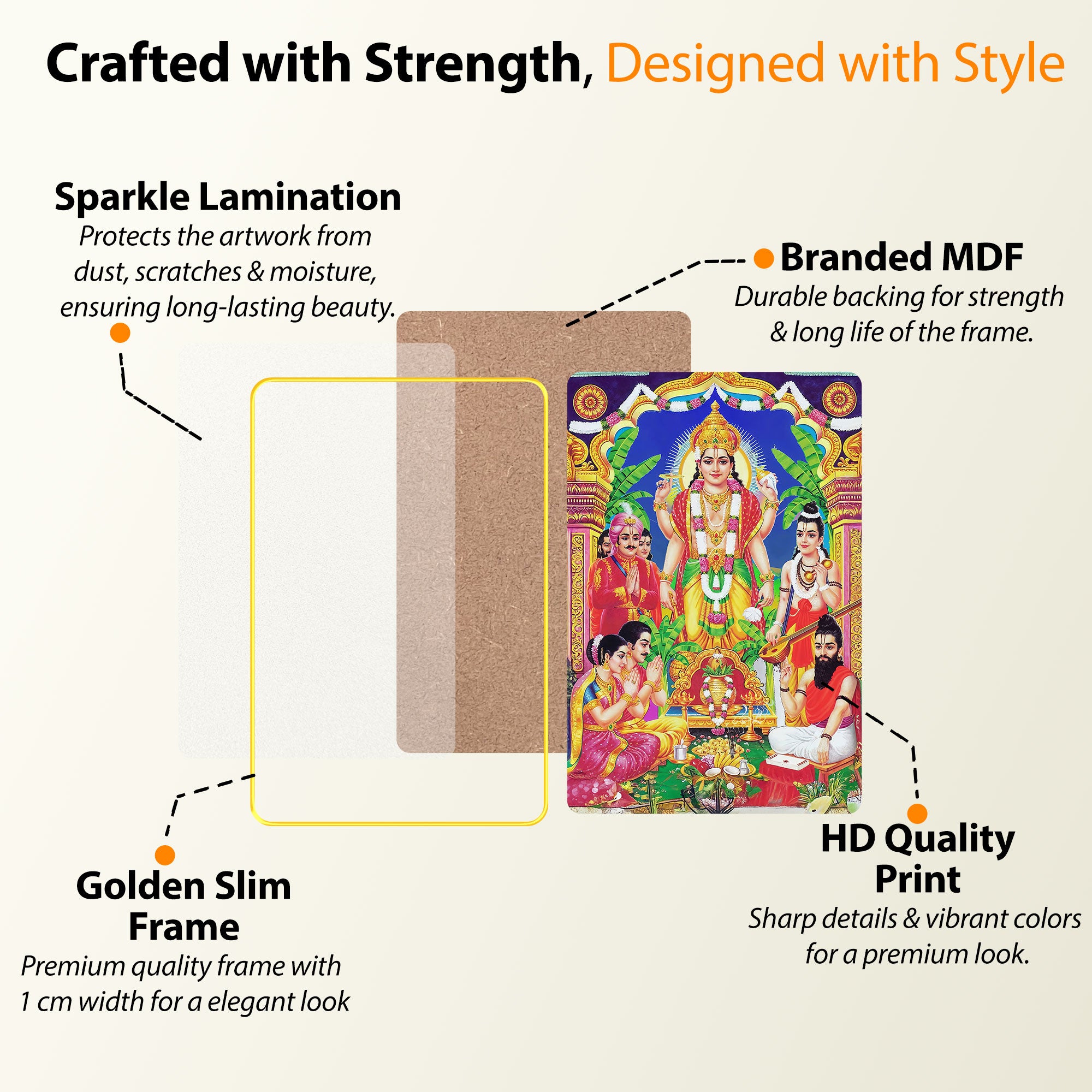 The Castle Decor Divine Lord Satyanarayan Sparkle Digital Print | Premium Golden Slim Frame | Sacred Hindu God Wall Decor for Home, Office & Temple 20X30 Inches