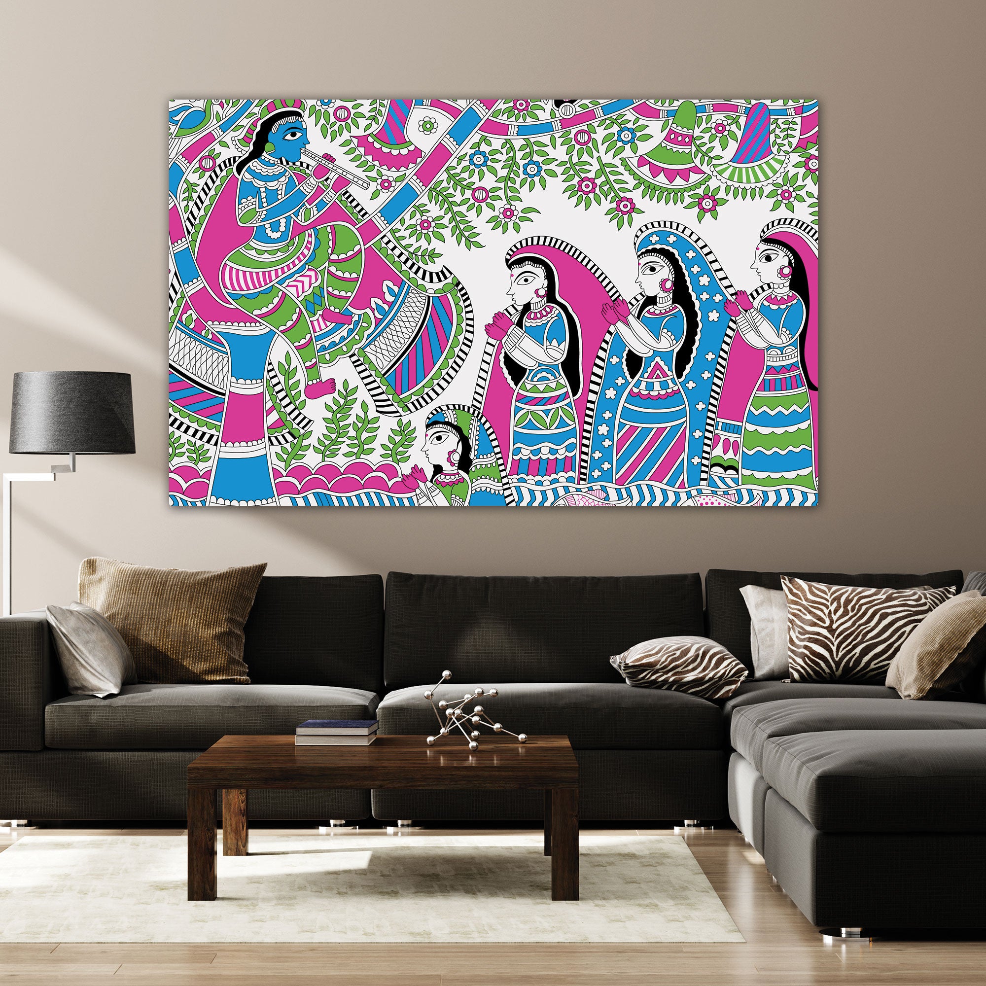Vintage madhubani Canvas painting with frame Big Size Wall Art for living room,Bedroom,Drawing room,Hotels