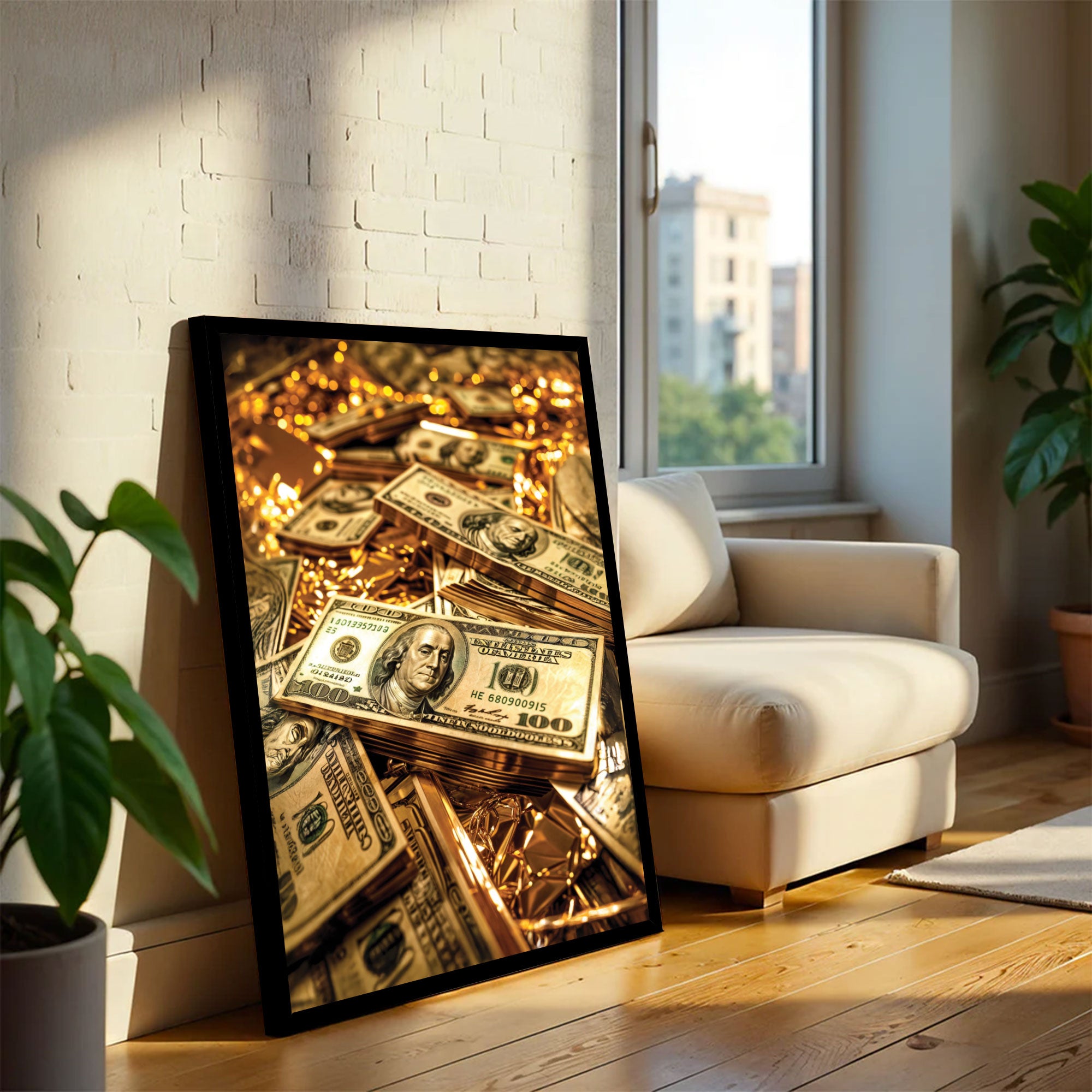 The Castle Decor Luxury Money Wall Art | Gold Bars & Dollar Stacks Modern Painting | Premium Big Size Framed for Living Room, Office & Hotels | Wealth & Prosperity Wall Decoration (20x30 Inches)