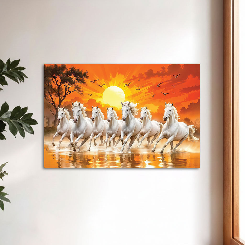 The Castle Decor 7 Running White Horses Wall Painting, Sunrise Sunset Theme, Vastu Wall Art for Living Room, Office, Bedroom Decor 16x24 1001