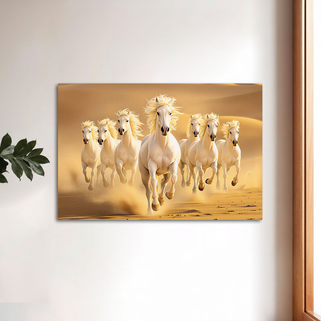 The Castle Decor 7 Running White Horses Wall Painting, Sunrise Sunset Theme, Vastu Wall Art for Living Room, Office, Bedroom Decor 16x24 1004