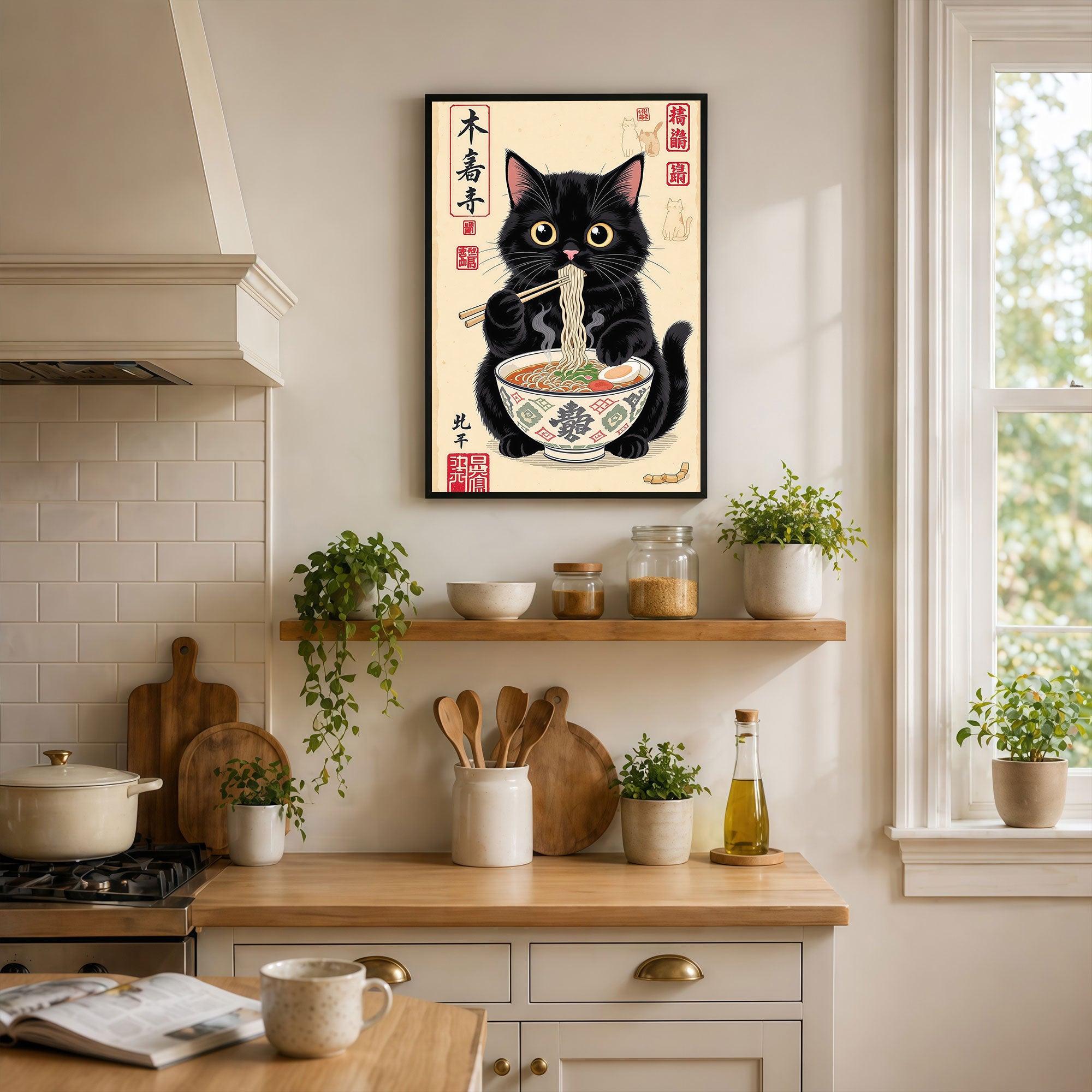 The Castle Decor Cute Cat Eating Ramen Wall Art Frame | Japanese Kitchen Decor | Sparkle Finish Painting with Premium Fiber Frame for Home, Café & Dining