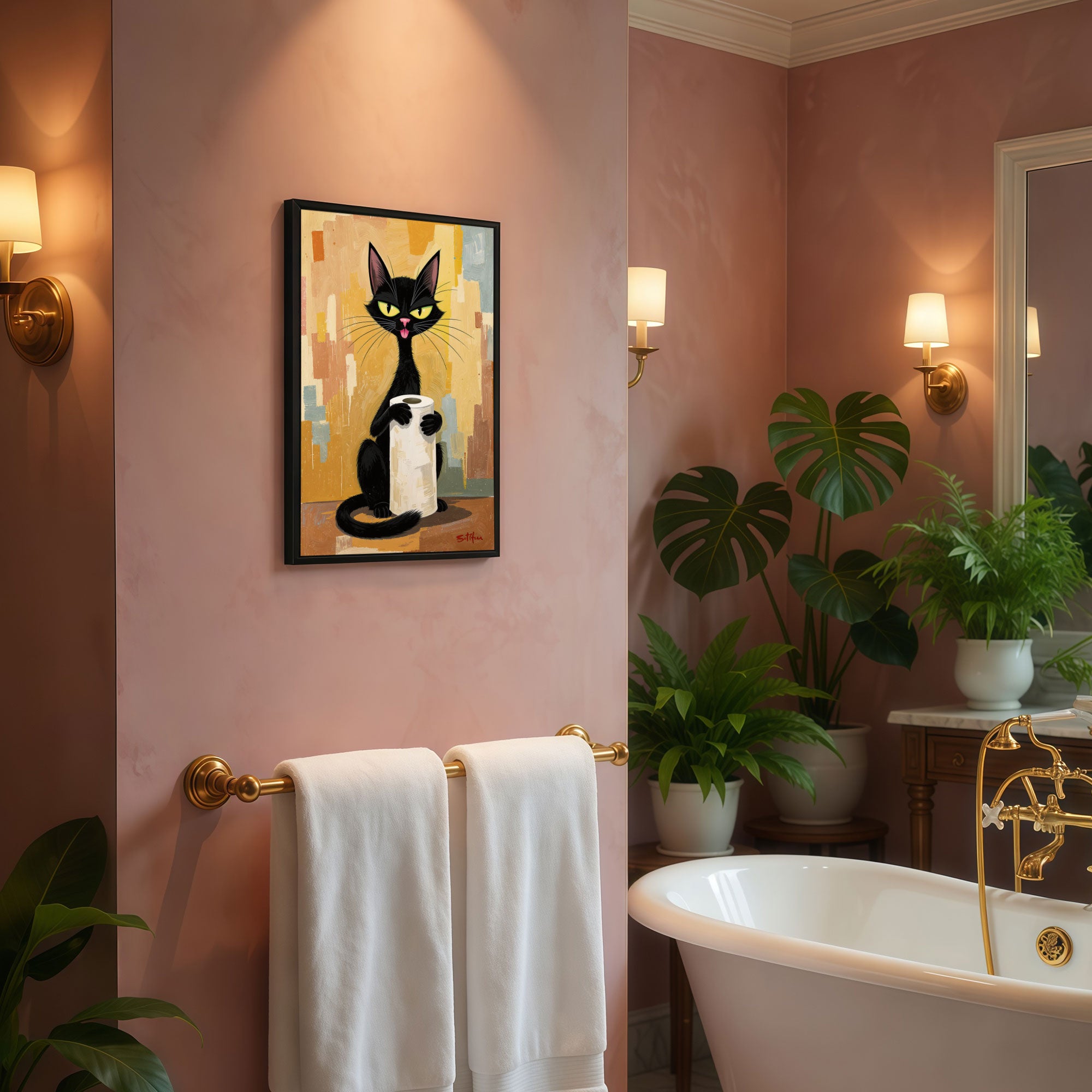 The Castle Decor Funny Black Cat Holding Toilet Paper Framed Wall Art – Mid Century Modern Retro Animal Poster, Humorous Abstract Bathroom Wall Decor for Restroom
