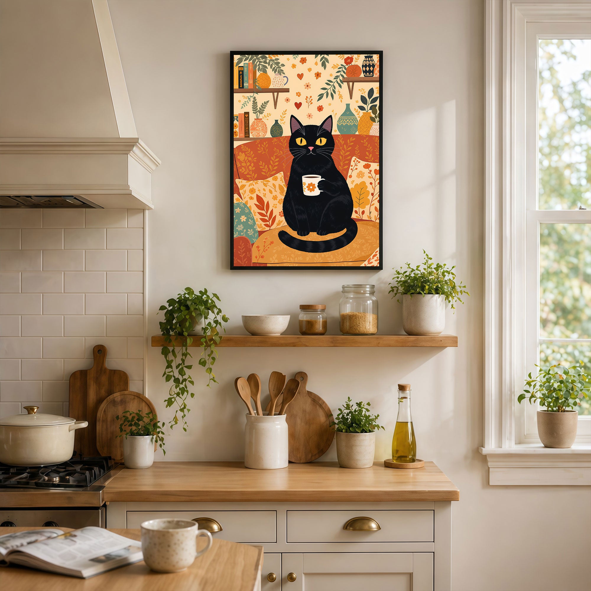 The Castle Decor Cute Black Cat Coffee Wall Art Frame | Cozy Kitchen & Dining Decor | Sparkle Finish MDF Painting with Premium Fiber Frame for Home
