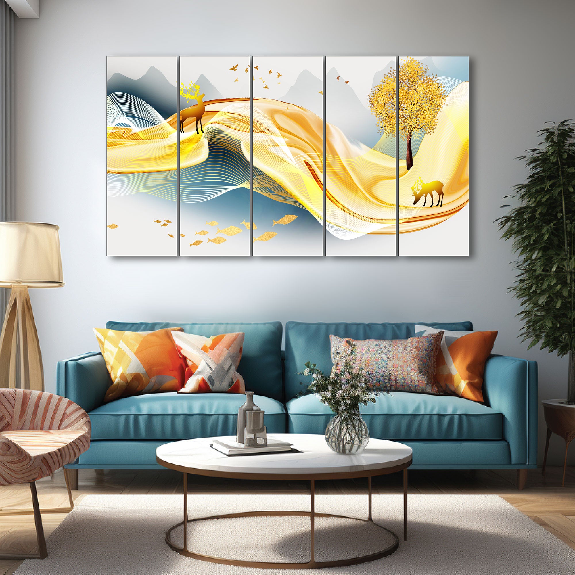 Golden Deer Painting with frame Big Size Wall Art for living room,Bedroom,Drawing room,Hotels