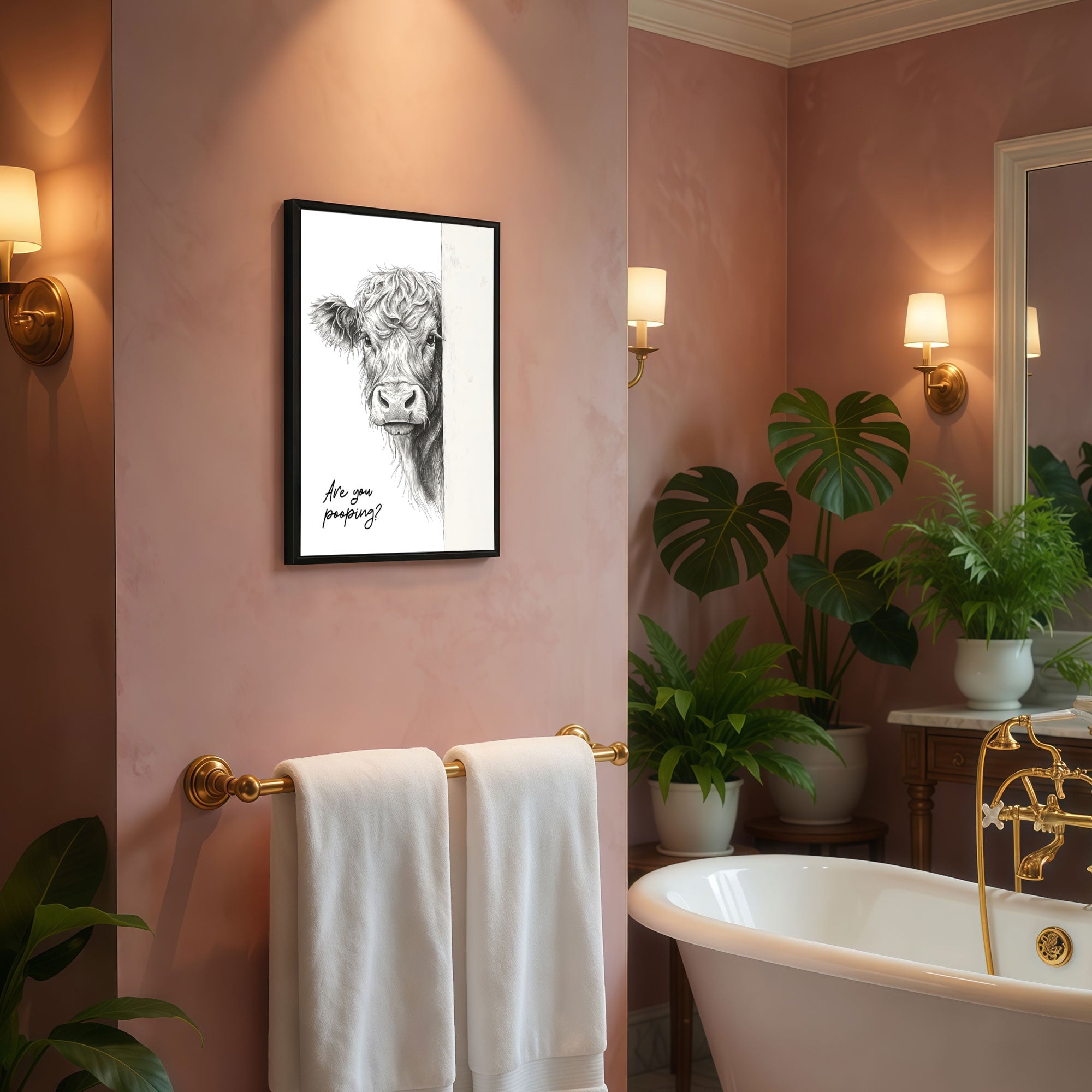 The Castle Decor Funny Highland Cow Peeking Are You Pooping Framed Wall Art – Rustic Farmhouse Animal Sketch Framed Poster, Humorous Country Bathroom Restroom Decor
