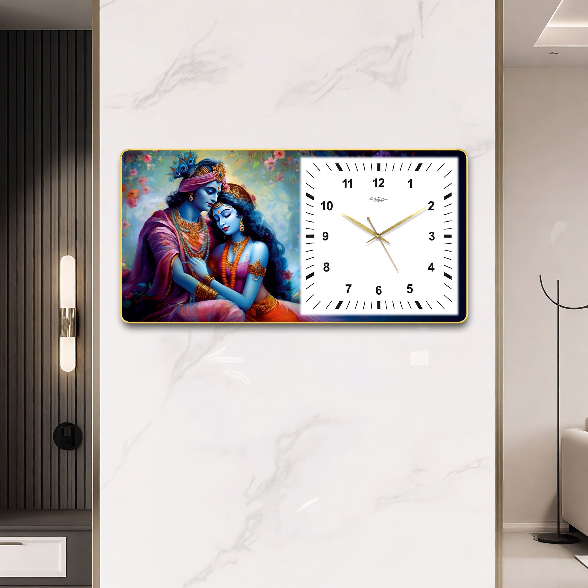 The Castle Decor Radha Krishna Decorative Wall Clock 24x12 Inch, Silent Sweep Non-Ticking Modern Wall Clock with Golden Slim Frame