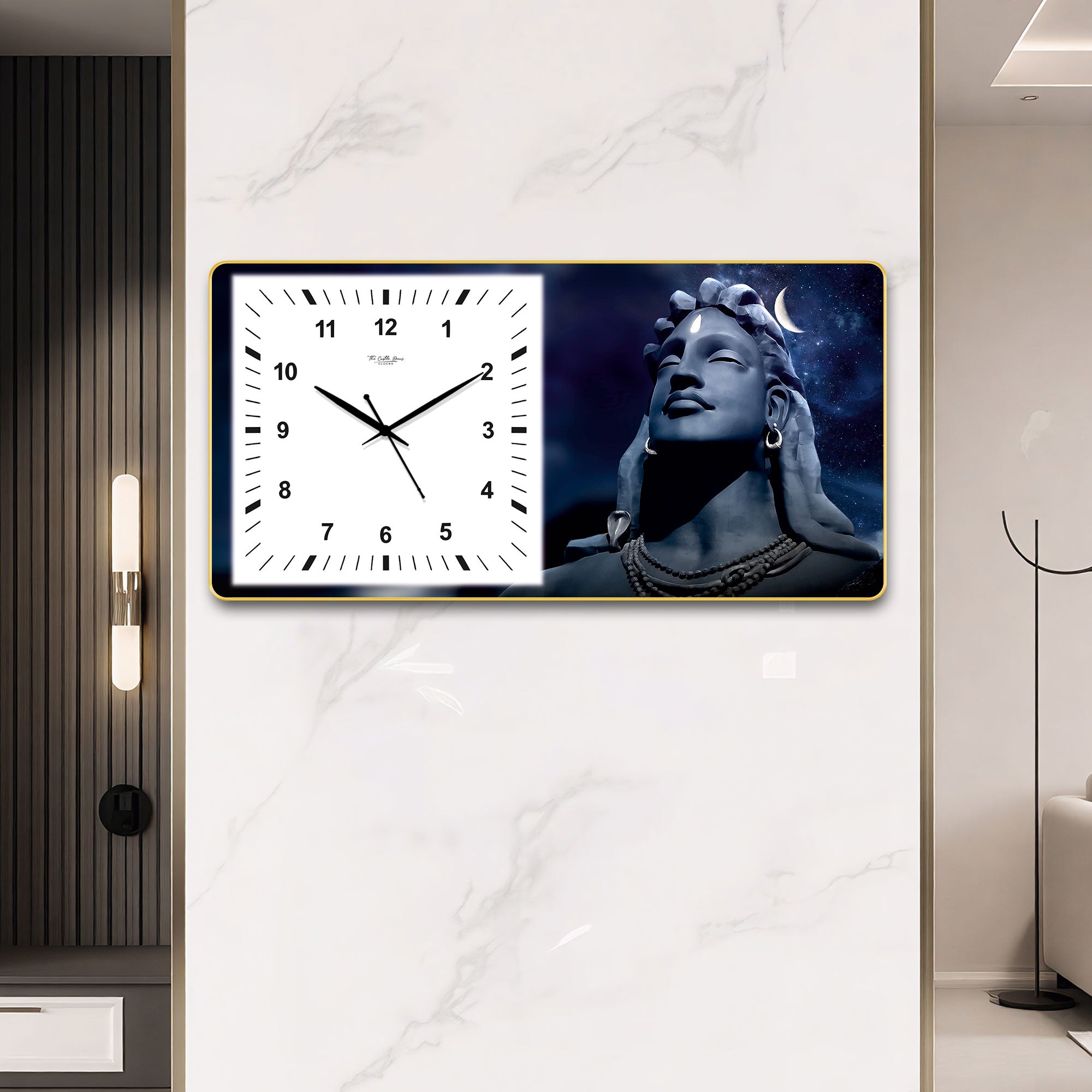 The Castle Decor Adiyogi Shiva Decorative Wall Clock 24x12 Inch, Silent Sweep Non-Ticking Modern Wall Clock with Golden Slim Frame