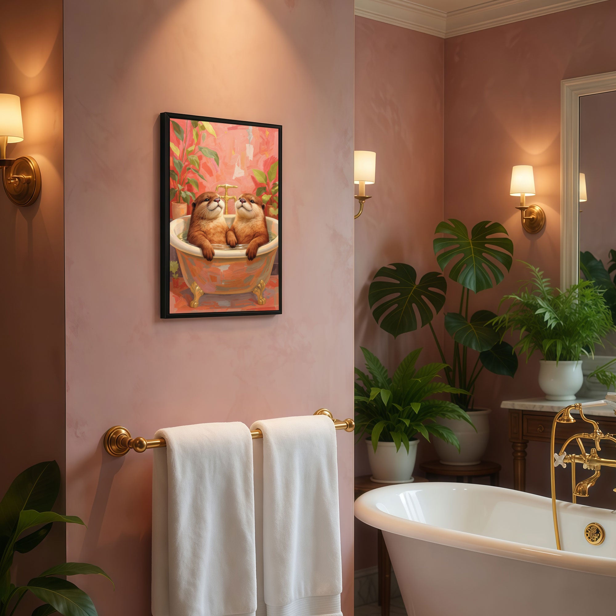 The Castle Decor Adorable Otter Bath Wall Art | Cute Animal Bathroom Painting | Modern Pink Bathroom Decor | Framed Funny Wall Poster