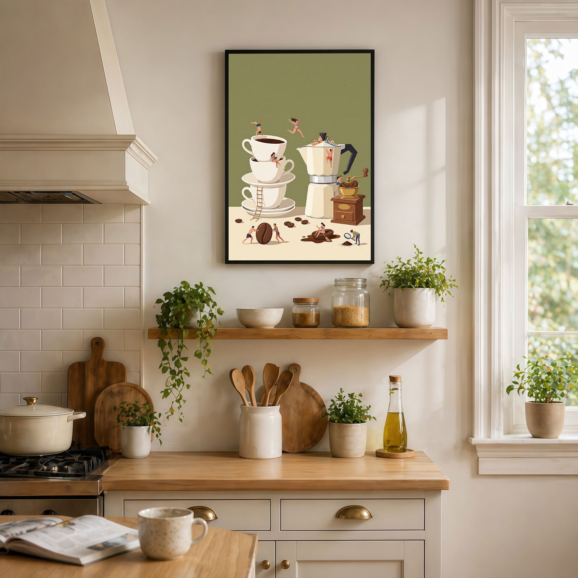 The Castle Decor Coffee Brewing Wall Art Frame | Kitchen Coffee Decor | Sparkle Finish MDF Painting with Premium Fiber Frame for Home, Café & Dining Area