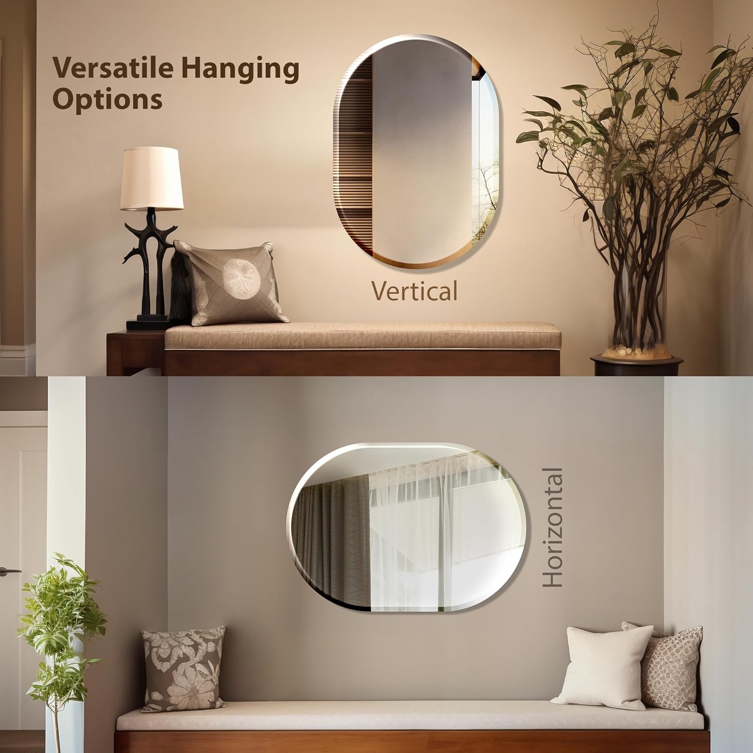 The Castle Decor Capsule Glass Mirror for Bathroom Wall, Frameless 5mm Silver Glass Mirror with Beveled Edges, 18x24 Inch