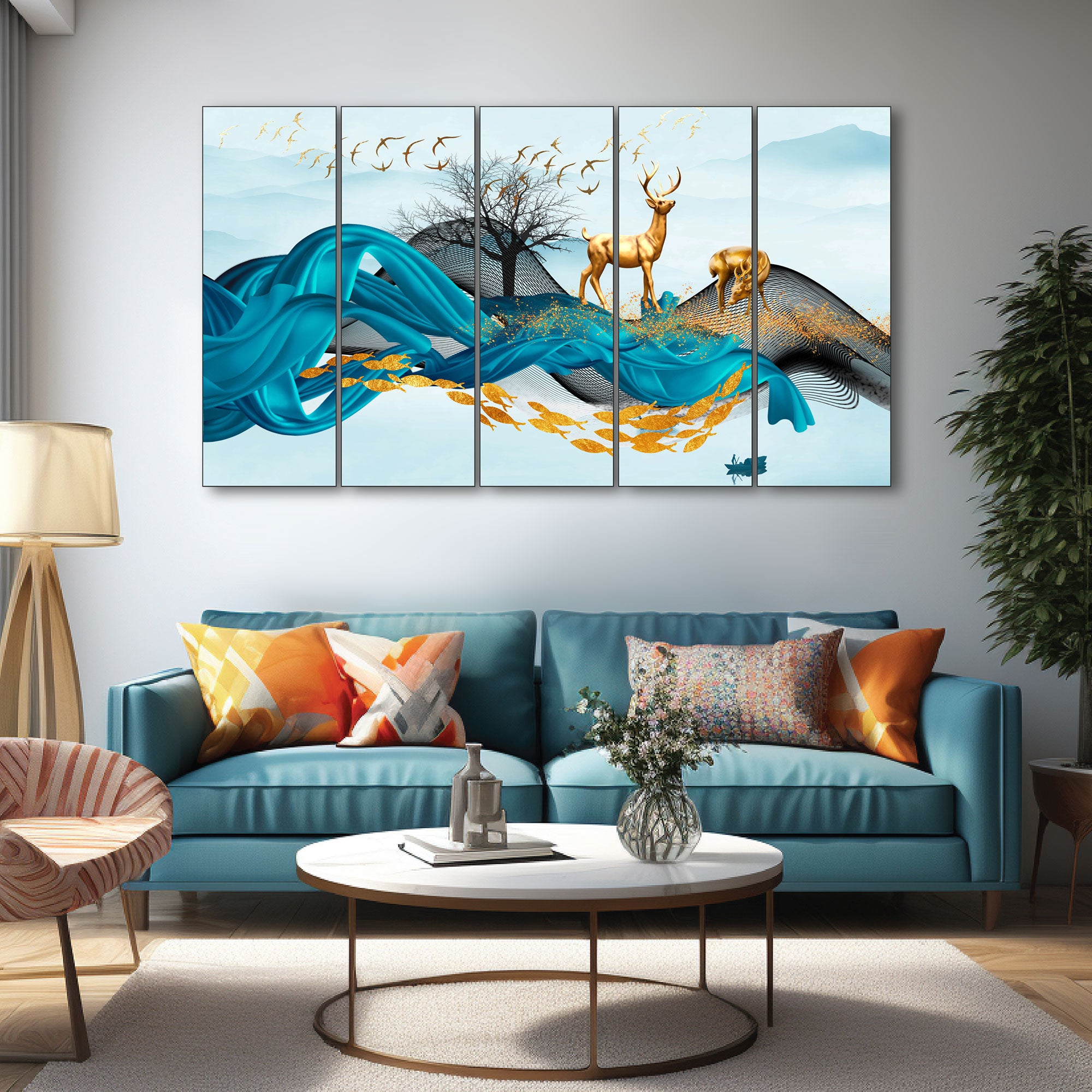 Golden Deer Painting with frame Big Size Wall Art for living room,Bedroom,Drawing room,Hotels