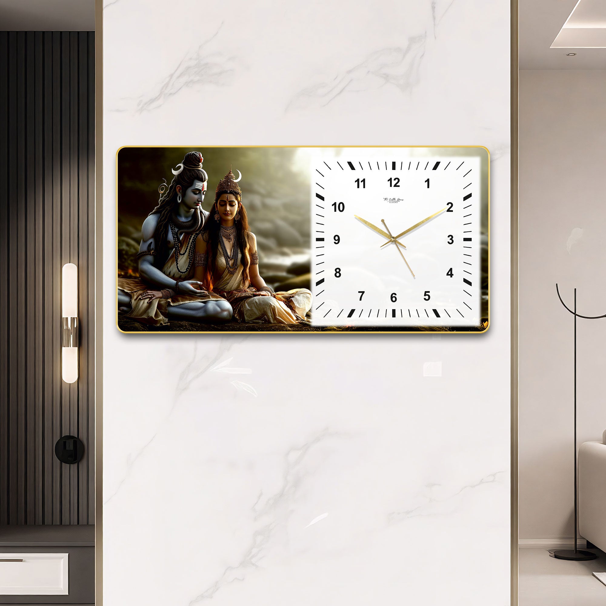 The Castle Decor Shiv Parvati Decorative Wall Clock 24x12 Inch, Silent Sweep Non-Ticking Modern Wall Clock with Golden Slim Frame