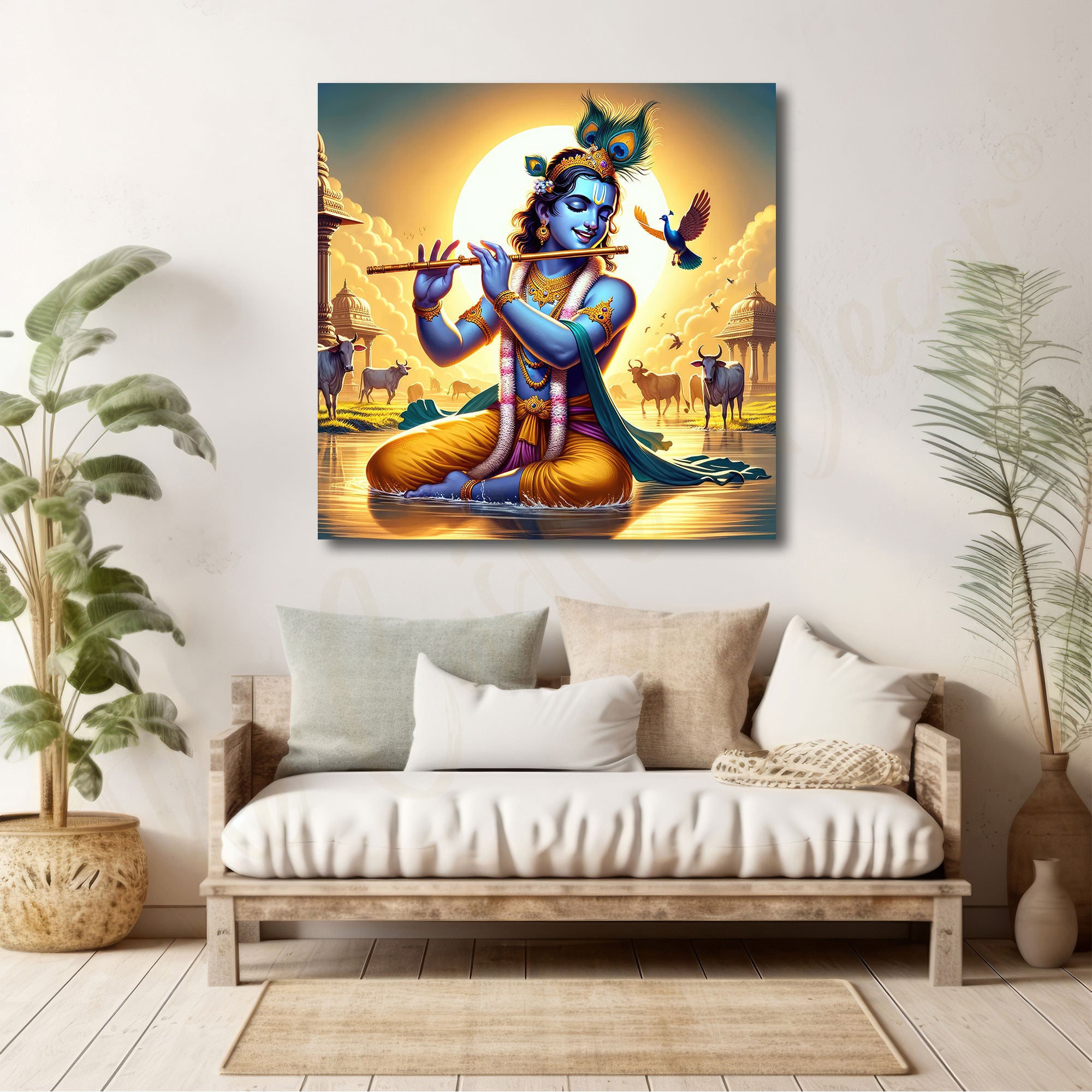 Krishna flute painting with frame Big Size Wall Art for living room, Bedroom, Drawing, room,Hotels