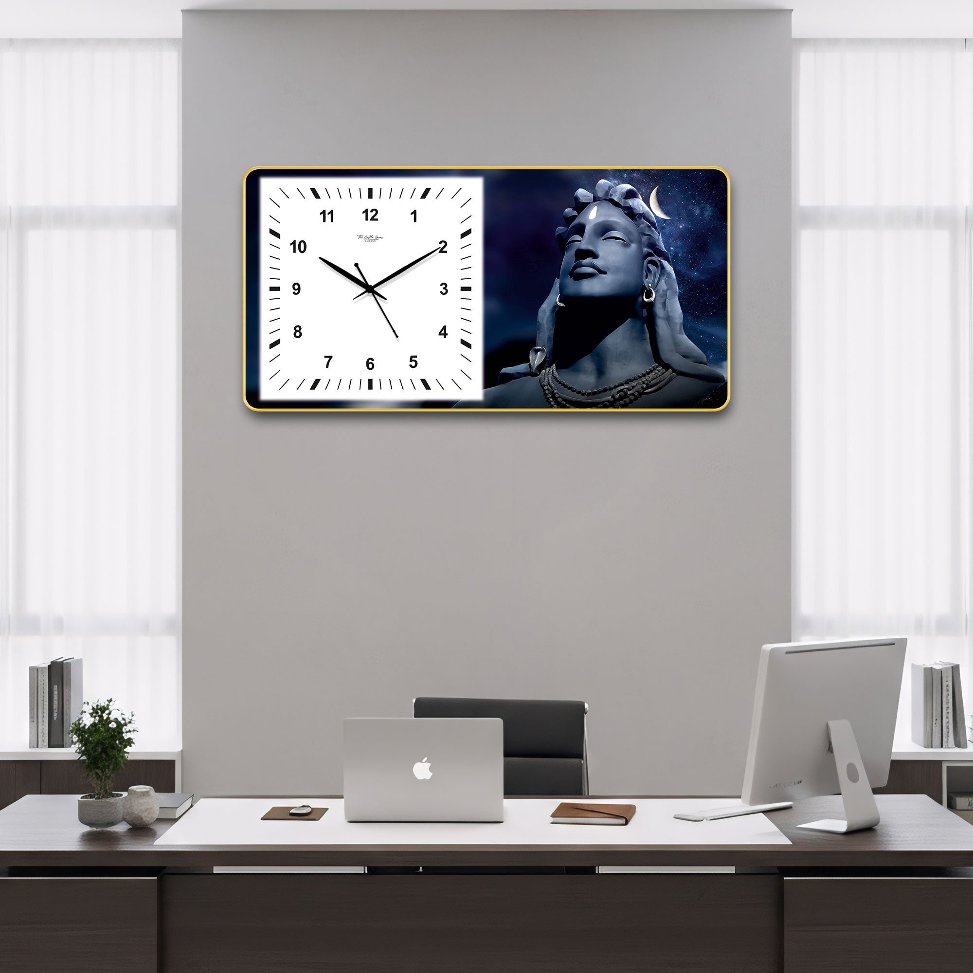 The Castle Decor Adiyogi Shiva Decorative Wall Clock 24x12 Inch, Silent Sweep Non-Ticking Modern Wall Clock with Golden Slim Frame