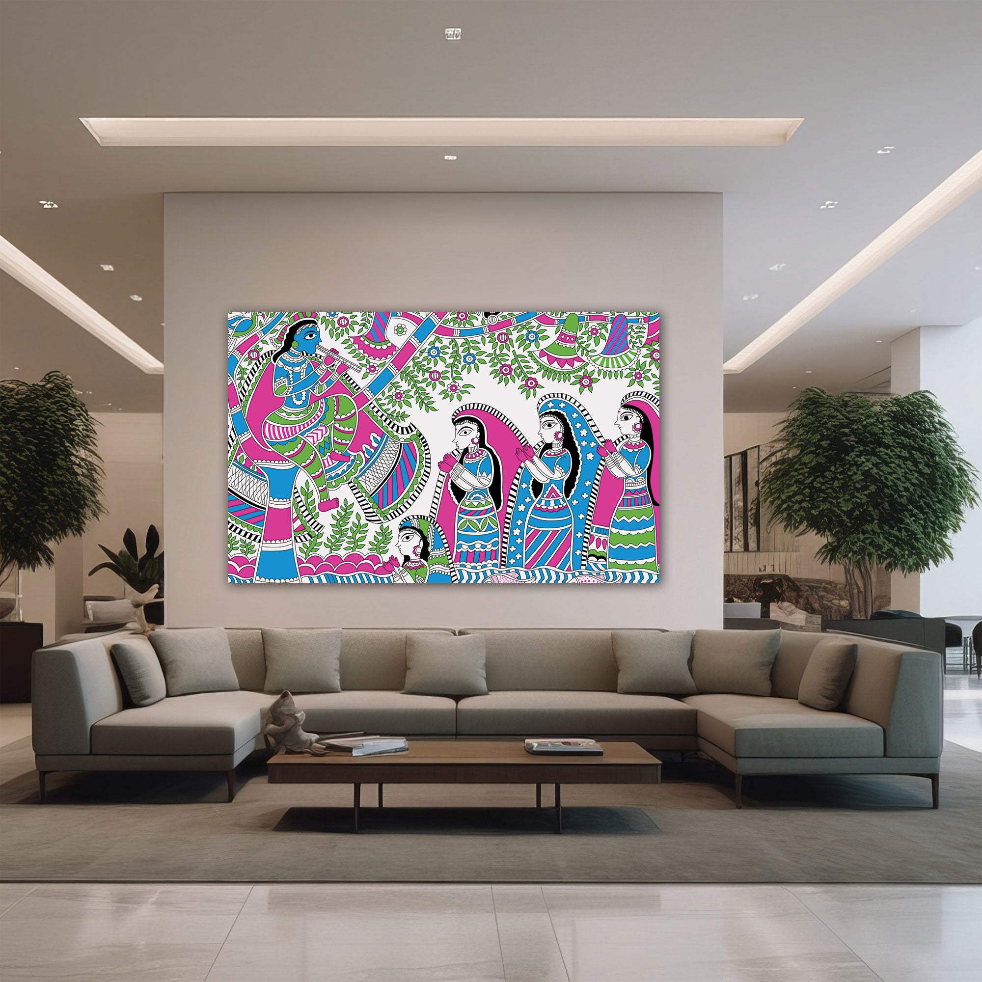 Vintage madhubani Canvas painting with frame Big Size Wall Art for living room,Bedroom,Drawing room,Hotels