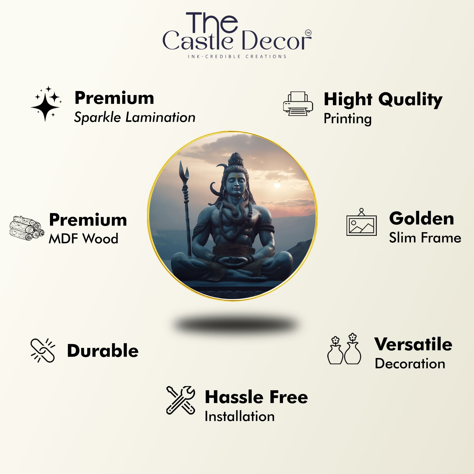 The Castle Decor Lord Shiva Wall Art Painting | Round Frame Spiritual Wall Hanging for Home Decoration, Living Room, Bedroom, Office & Gift Option