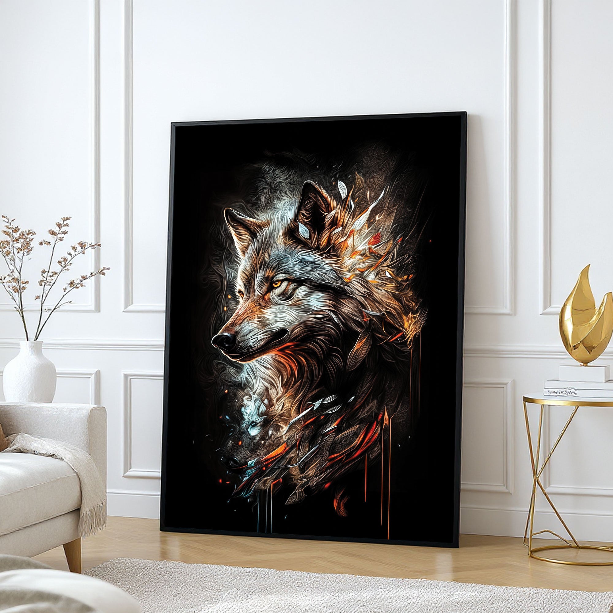 The Castle Decor Wolf Fire Spirit Wall Art, Powerful Wildlife Abstract Artwork with Premium Sparkle Finish, 20×30 Inch Wall Décor for Bedroom & Office