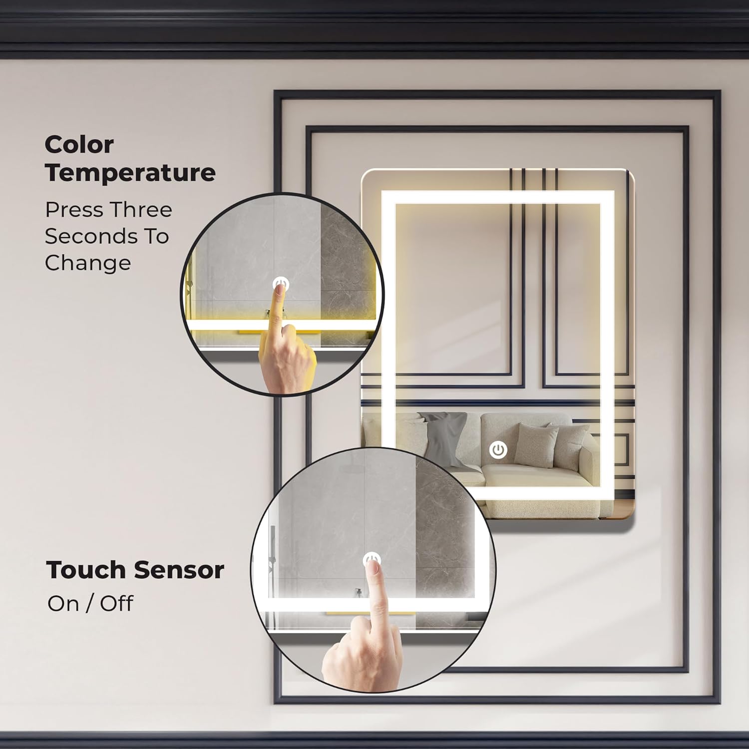 The Castle Decor Round LED Bathroom Mirror, 18 x 24 Inch, 3 Light Modes, Touch Control