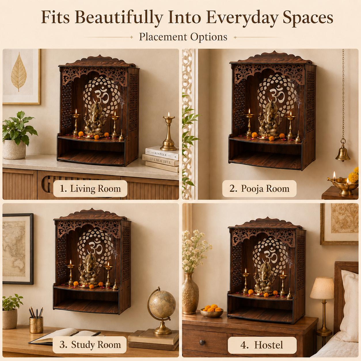 The Castle Decor Wooden Mandir for Home, Wall Hanging & Tabletop Pooja Temple with Om Cutwork Back Panel, Open Storage Shelf, Mandir for Pooja Room, Office, Hostel & Apartment, 16.5 x 24.5 x 10.5 Inch