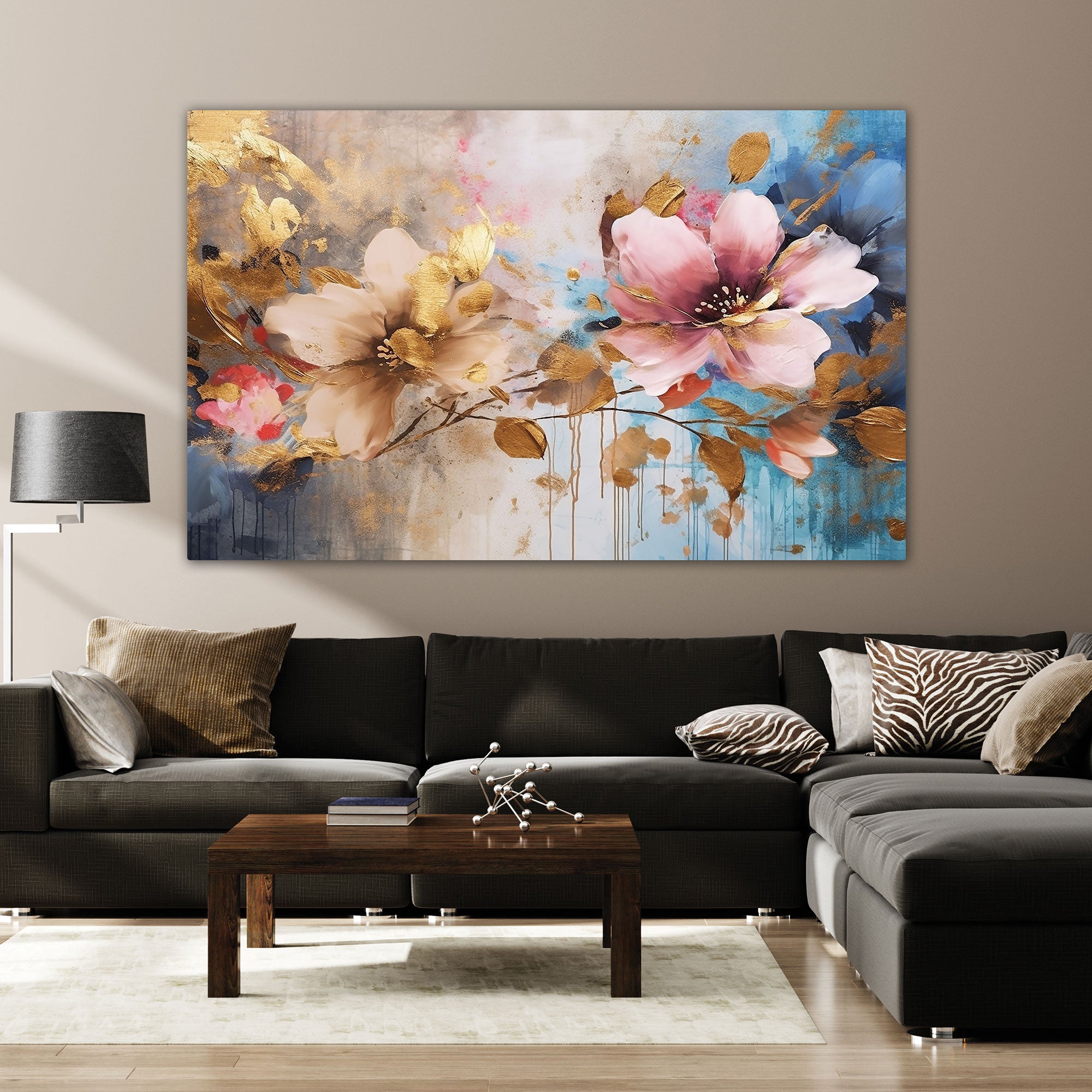 The Castle Decor multiple flower canvas/Sparkle painting with frame Big Size Wall Art for living room,Bedroom,Drawing room,Hotels-Wooden Framed-Digital Painting
