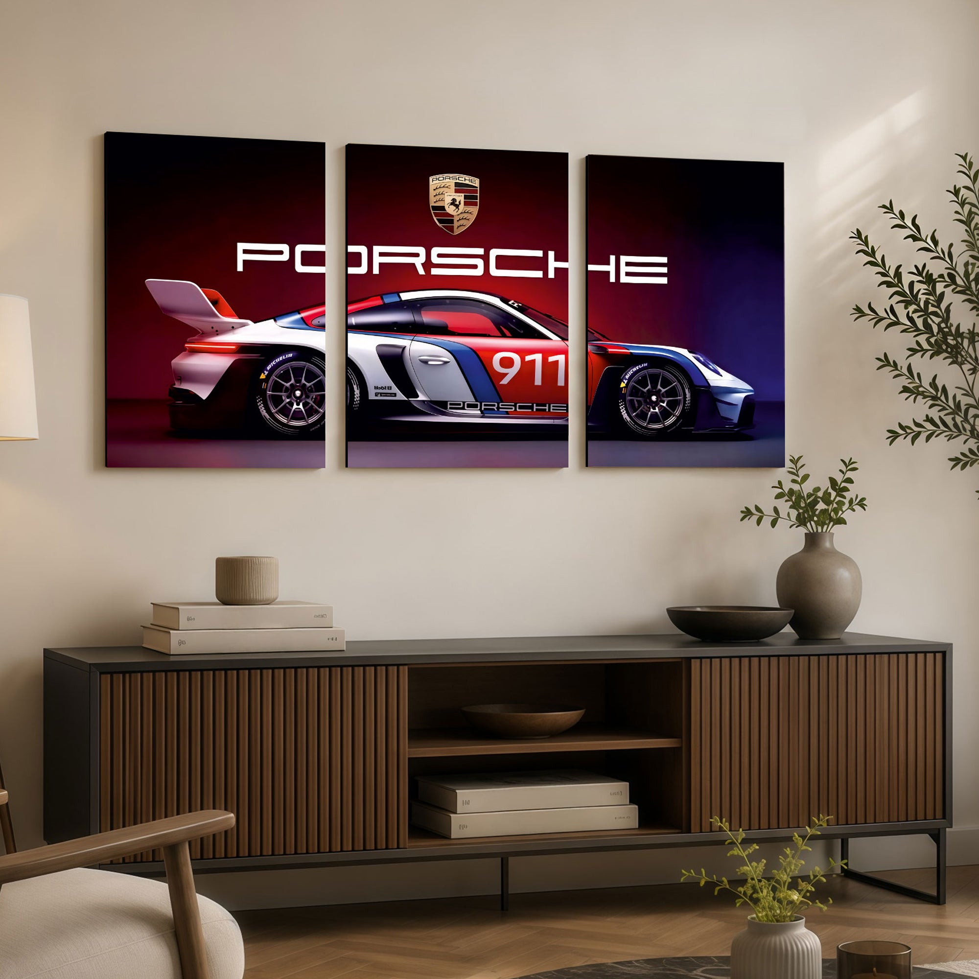 The Castle Decor Porsche Racing Car Wall Art Set of 3 MDF Painting Luxury Sports Car Wall Decor for Men Gamers Bedroom Gaming Room Office Home Decoration