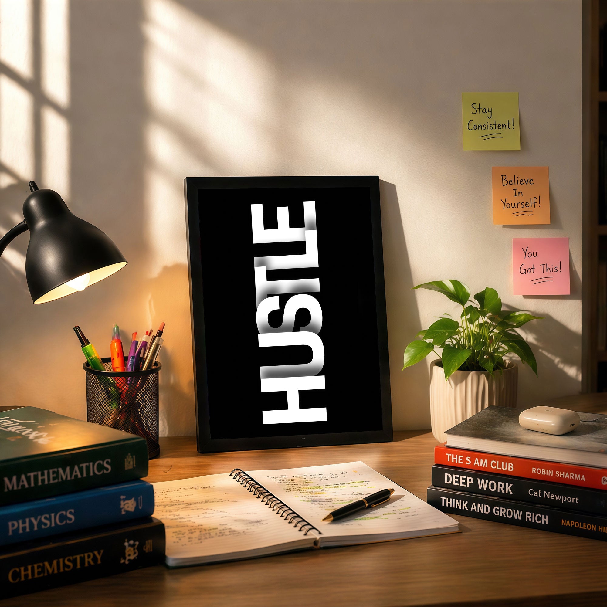 The Castle Decor Hustle Motivational Wall Art Frame | Bold Typography Poster for Gym, Office, Study Room | Black Minimal Inspirational Wall Décor HD Print