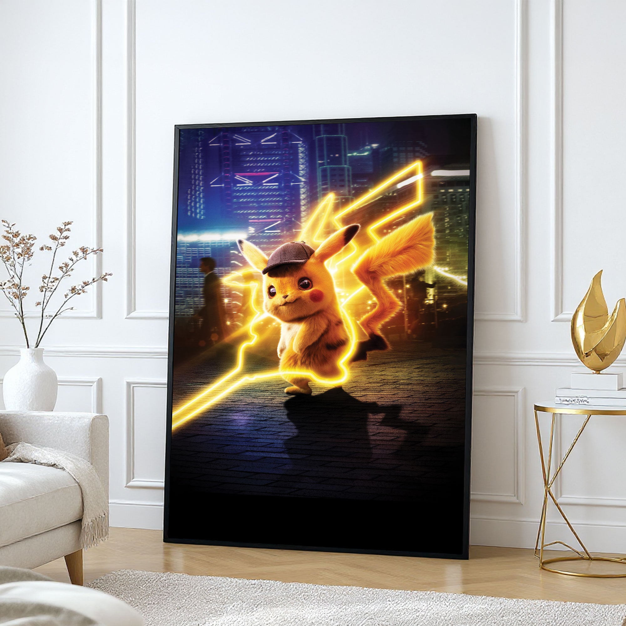 The Castle Decor Detective Pikachu Neon Wall Art, Anime Electric Pop Artwork with Premium Sparkle Finish, 20×30 Inch Wall Décor for Gaming Room & Kids Bedroom