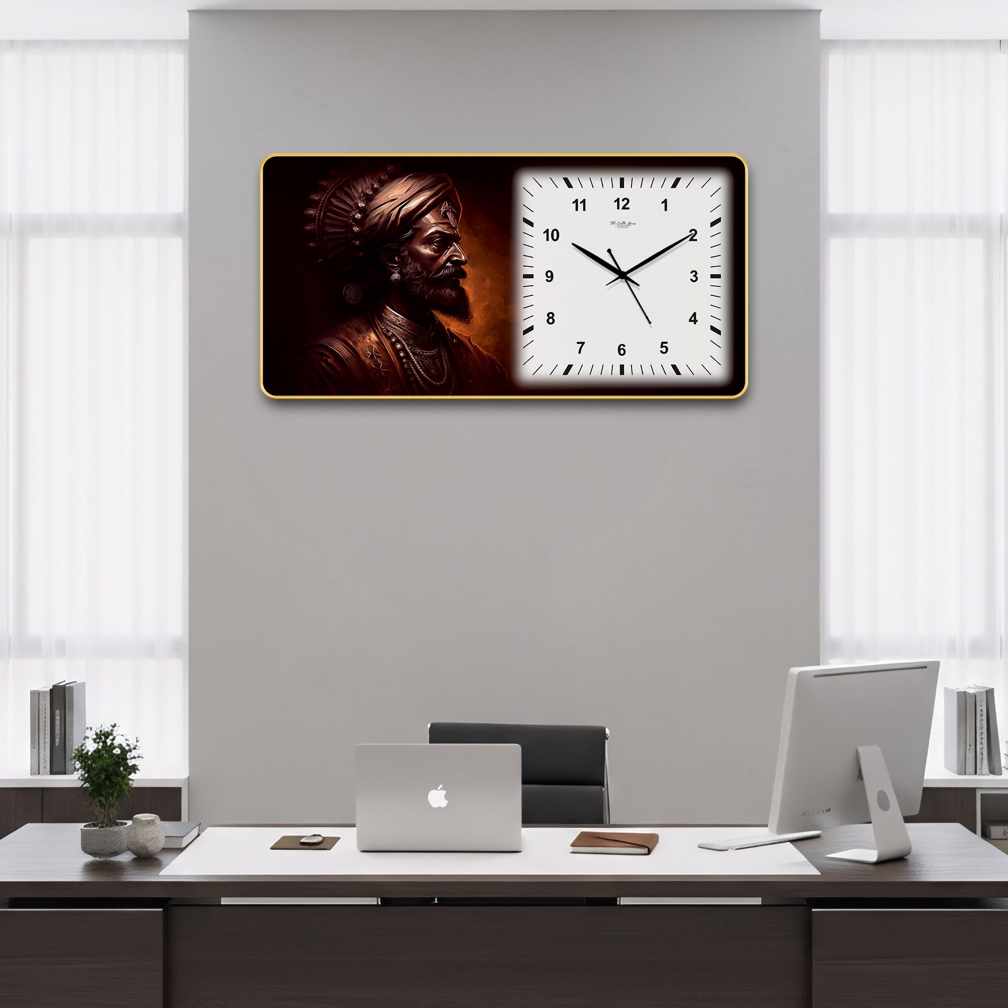 The Castle Decor Chhatrapati Shivaji Maharaj Decorative Wall Clock 24x12 Inch, Silent Sweep Non-Ticking Modern Wall Clock with Golden Slim Frame