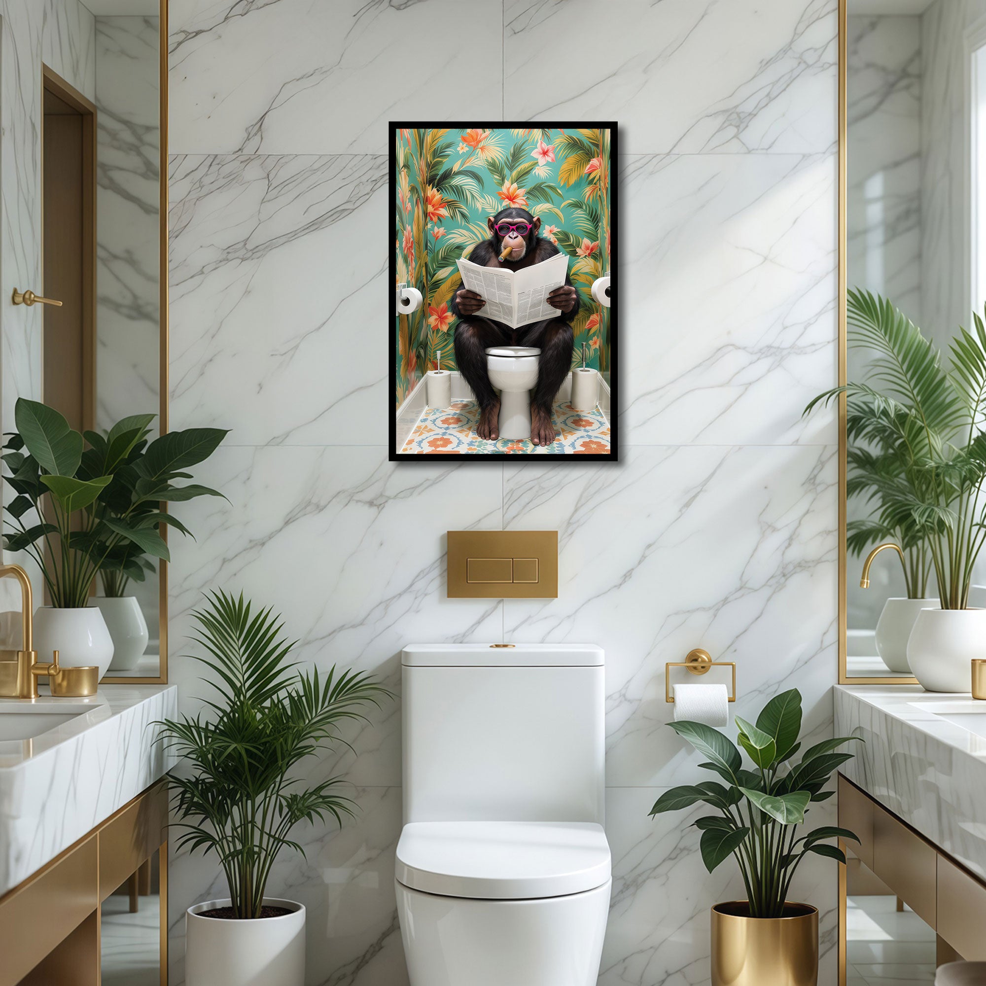 The Castle Decor Funny Chimpanzee Reading Newspaper on Toilet Framed Wall Art – Cool Monkey with Sunglasses Smoking Cigar in Bathroom Framed Poster, Tropical Jungle Restroom Decor
