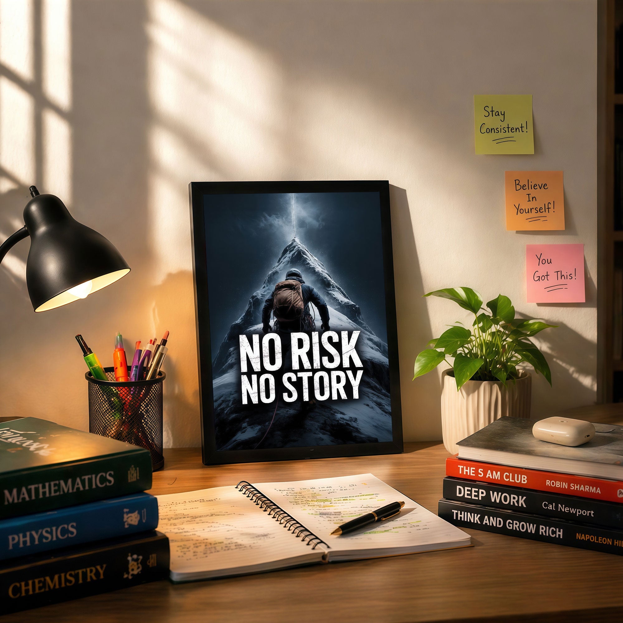 The Castle Decor No Risk No Story Motivational Wall Art Frame | Inspirational Quote Climbing Poster for Office, Gym & Study Room Decor