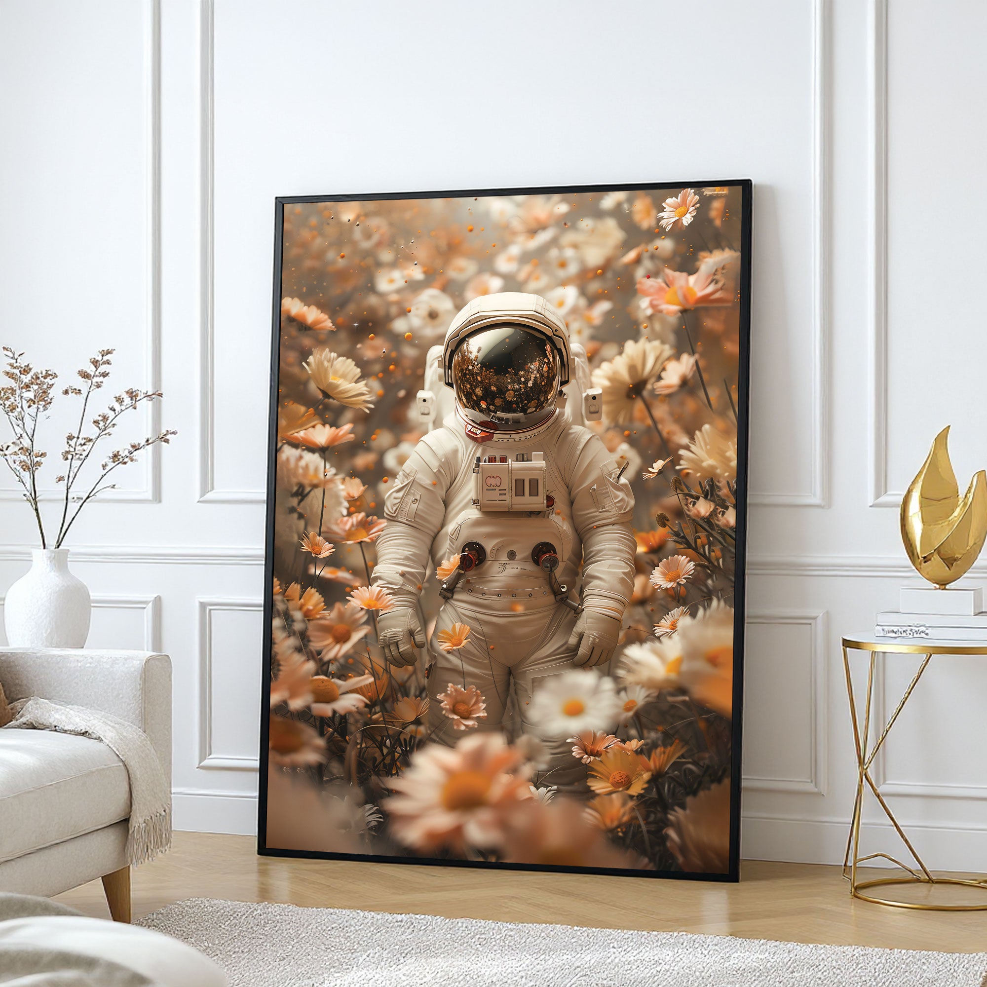 The Castle Decor Astronaut Floral Wall Art Poster, Surreal Space and Nature Artwork with Luxury Sparkle Finish, 20×30 Inch Wall Décor for Bedroom & Living Room
