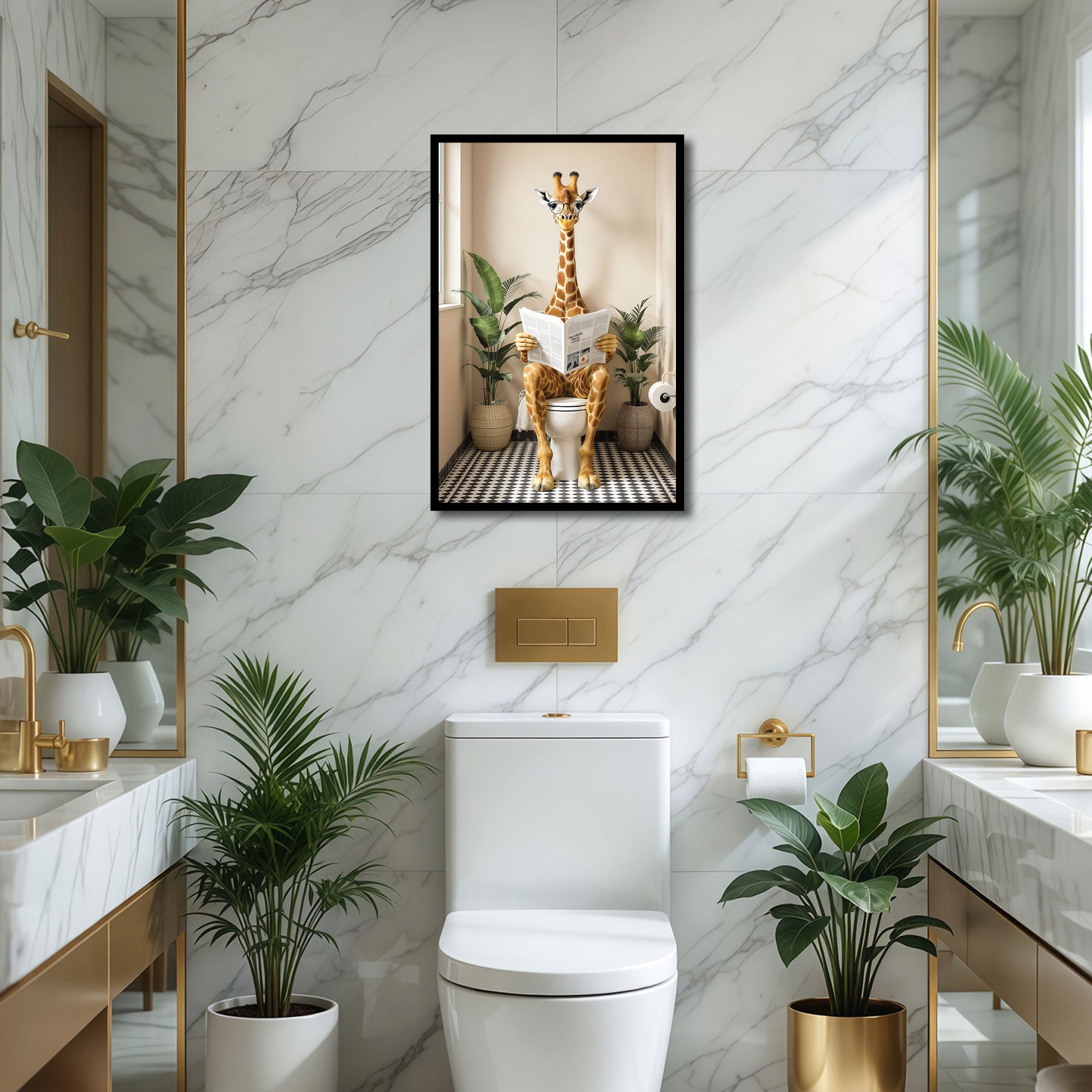 The Castle Decor Funny Giraffe Reading Newspaper on Toilet Framed Wall Art – Whimsical Animal sitting on Commode Framed Poster, Cute Restroom & Powder Room Wall Decor
