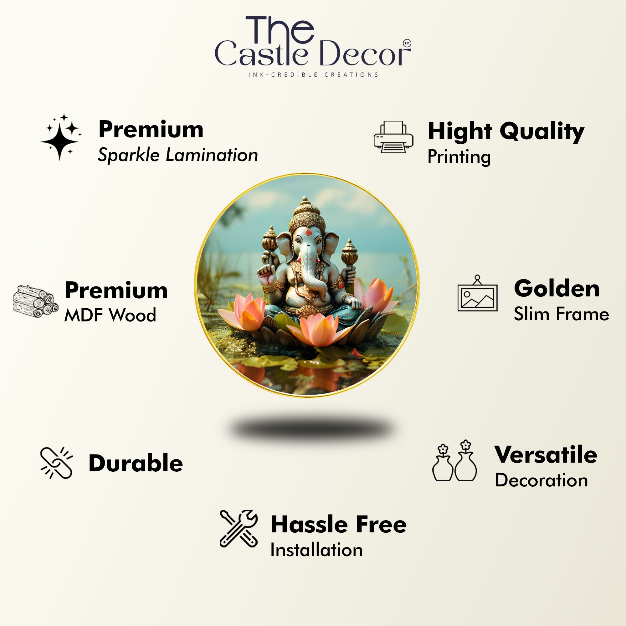 The Castle Decor Ganesha Wall Art Round Frame | Divine Home Décor Painting for Living Room, Bedroom, Office, Hotel & Ideal Gift Option