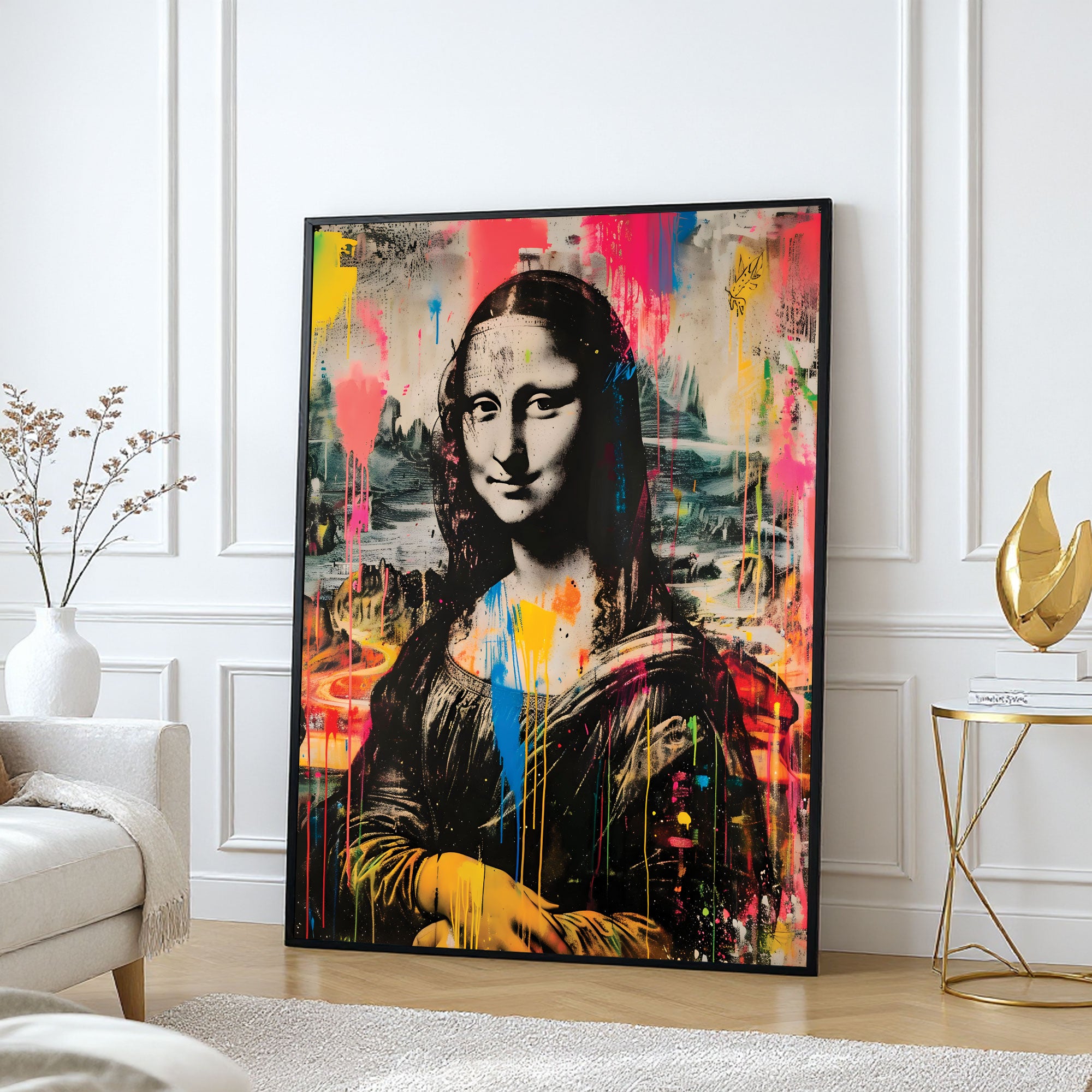 The Castle Decor Mona Lisa Modern Graffiti Wall Art – Classic Art Reimagined with Bold Paint Splash Design, Premium Sparkle Finish, 20×30 Inch Contemporary Wall Décor