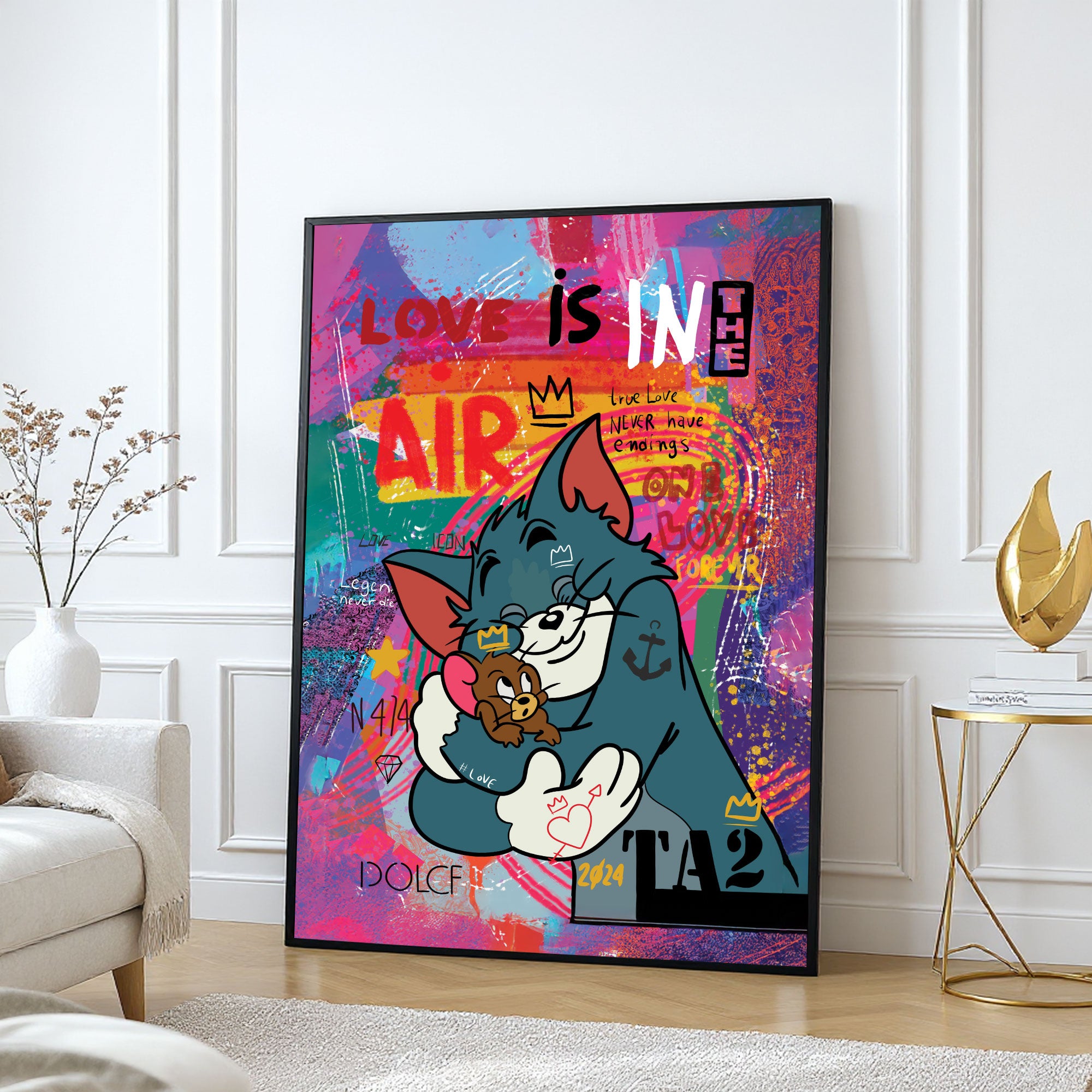The Castle Decor Tom and Jerry Street Art Wall Painting, Cartoon Graffiti Love Artwork with Premium Sparkle Finish, 20×30 Inch Wall Décor for Kids Room & Studio